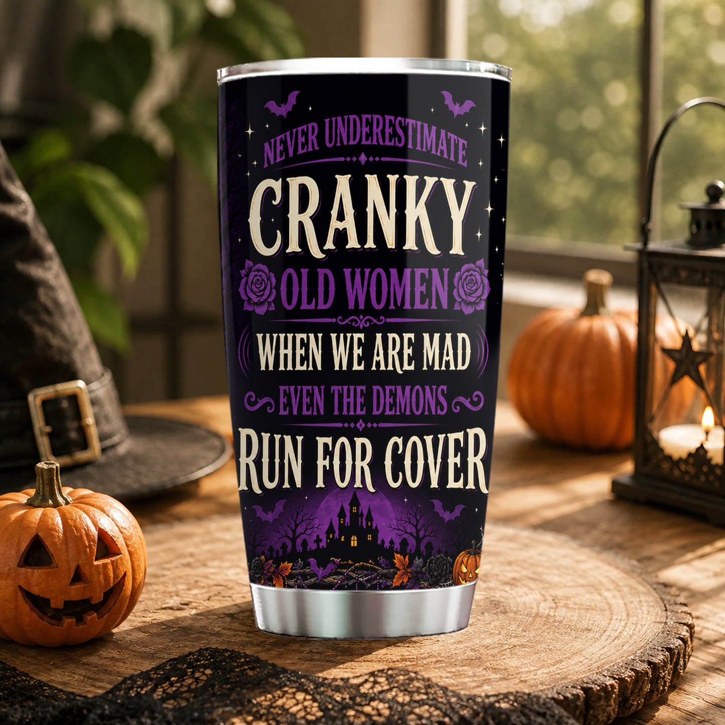 Personalized Halloween Black Cat Witch Tumbler, Never Underestimate A Cranky Old Woman, Spooky Season Stainless Steel Tumbler, Travel Mug Tumblers Gift For Cat Lover