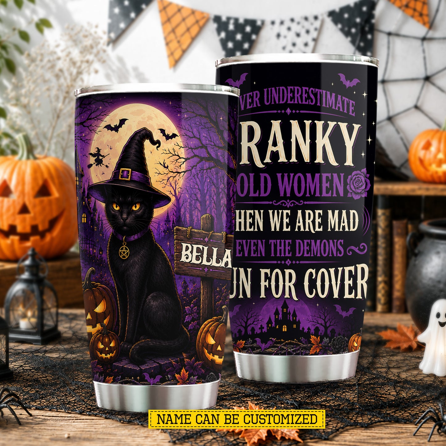 Personalized Halloween Black Cat Witch Tumbler, Never Underestimate A Cranky Old Woman, Spooky Season Stainless Steel Tumbler, Travel Mug Tumblers Gift For Cat Lover