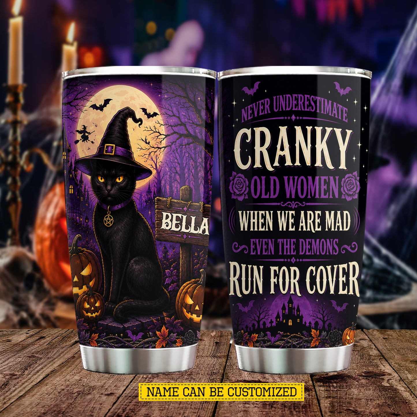Personalized Halloween Black Cat Witch Tumbler, Never Underestimate A Cranky Old Woman, Spooky Season Stainless Steel Tumbler, Travel Mug Tumblers Gift For Cat Lover
