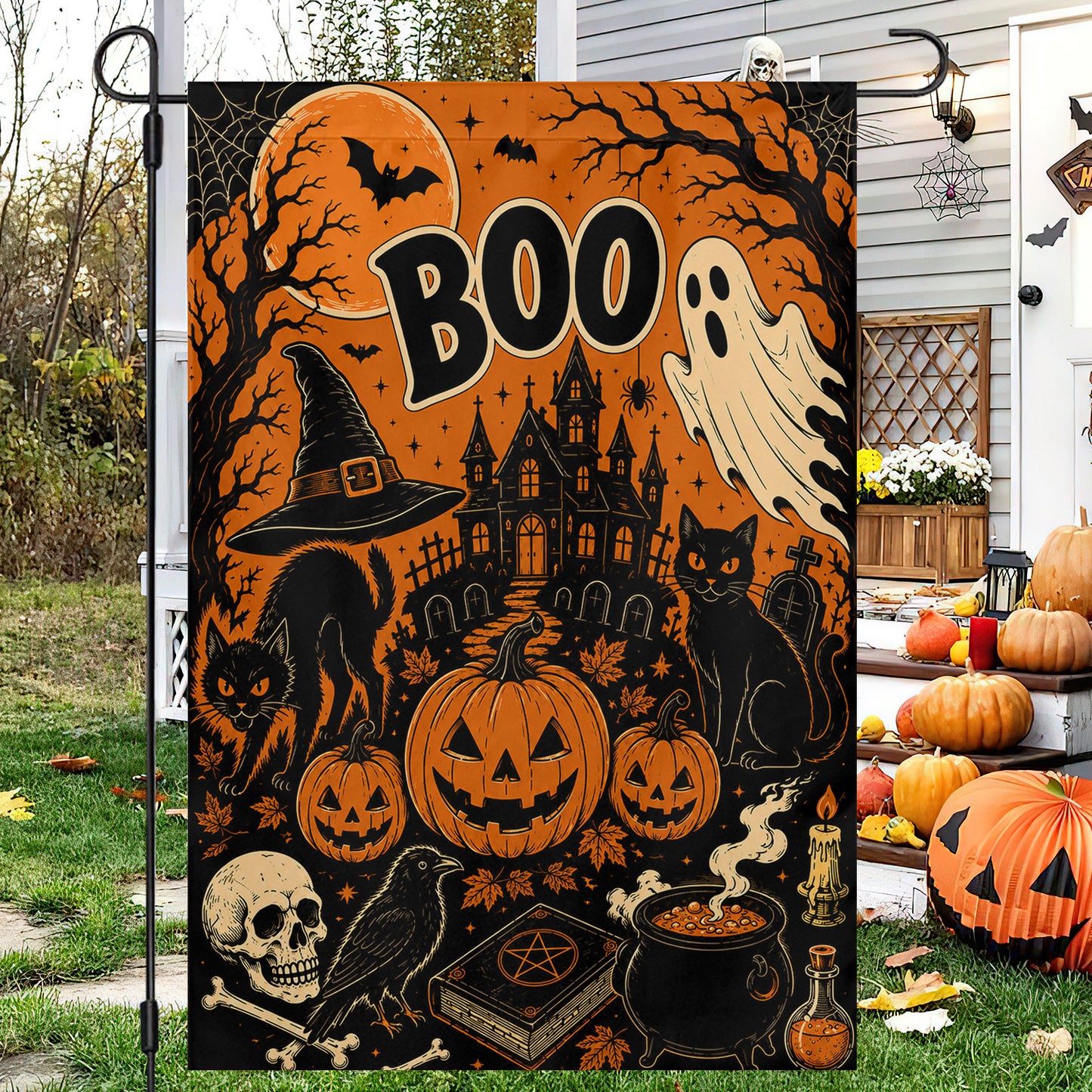Halloween Boo Garden & House Flag, Black Cat Ghost Pumpkin Yard Flag, Spooky Season Gift For Ghost Lover