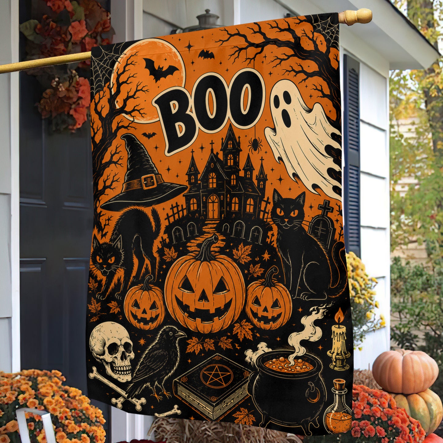Halloween Boo Garden & House Flag, Black Cat Ghost Pumpkin Yard Flag, Spooky Season Gift For Ghost Lover