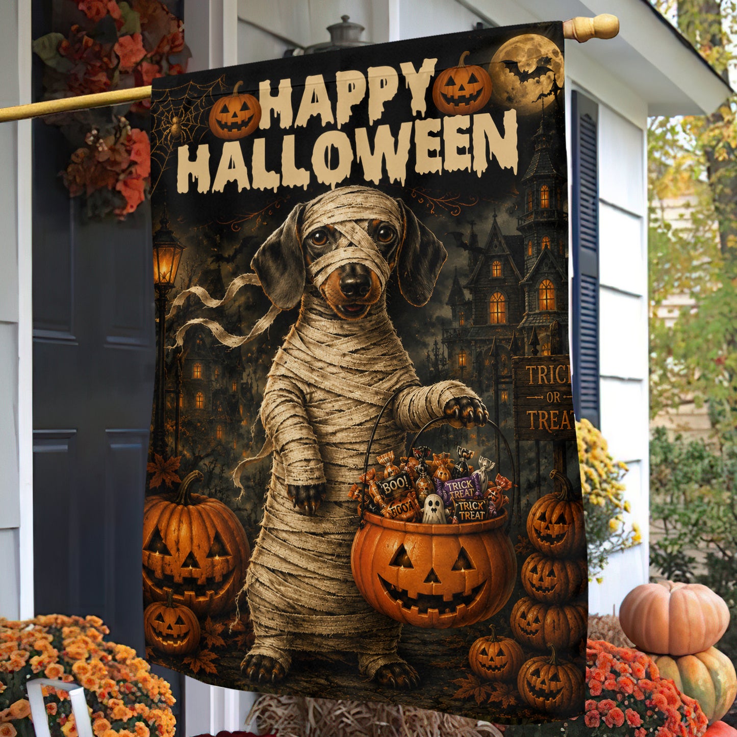 Halloween Dachshund Dog Garden & House Flag, Happy Halloween Yard Flag, Spooky Season Gift For Dog Lover