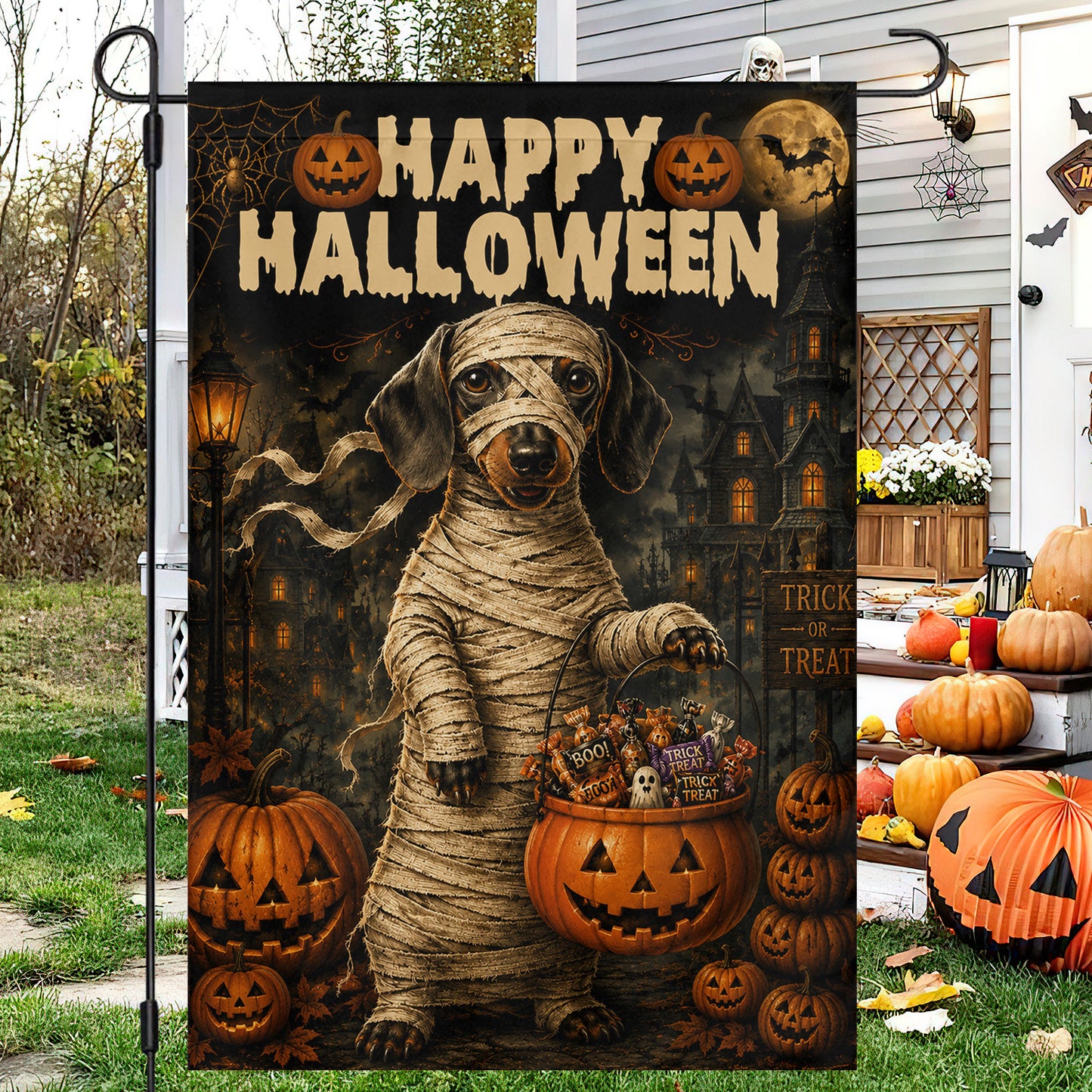 Halloween Dachshund Dog Garden & House Flag, Happy Halloween Yard Flag, Spooky Season Gift For Dog Lover