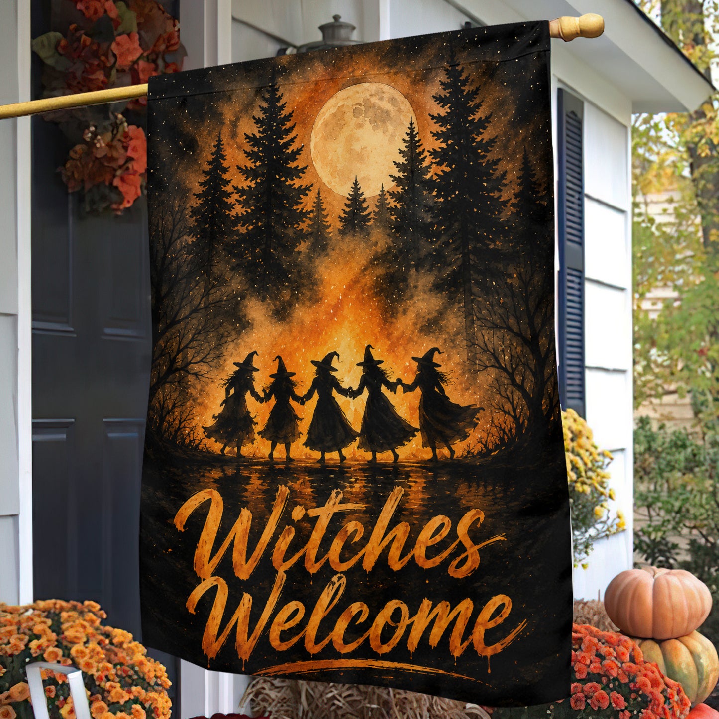 Halloween Witches Welcome Garden & House Flag, Witch Coven Full Moon Yard Flag Spooky Season Gift For Witch Lover