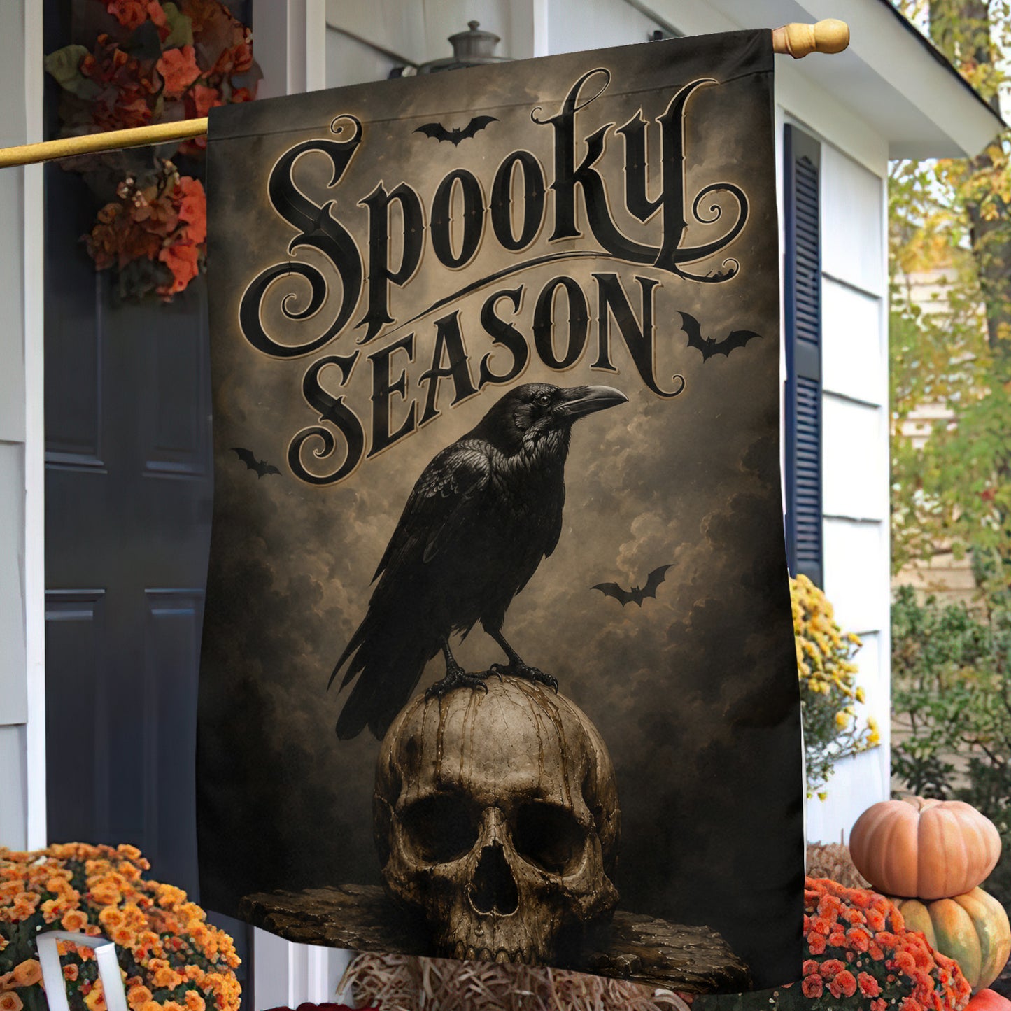 Halloween Gothic Skull Garden & House Flag, Spooky Season Raven Yard Flag Gift For Raven Lover