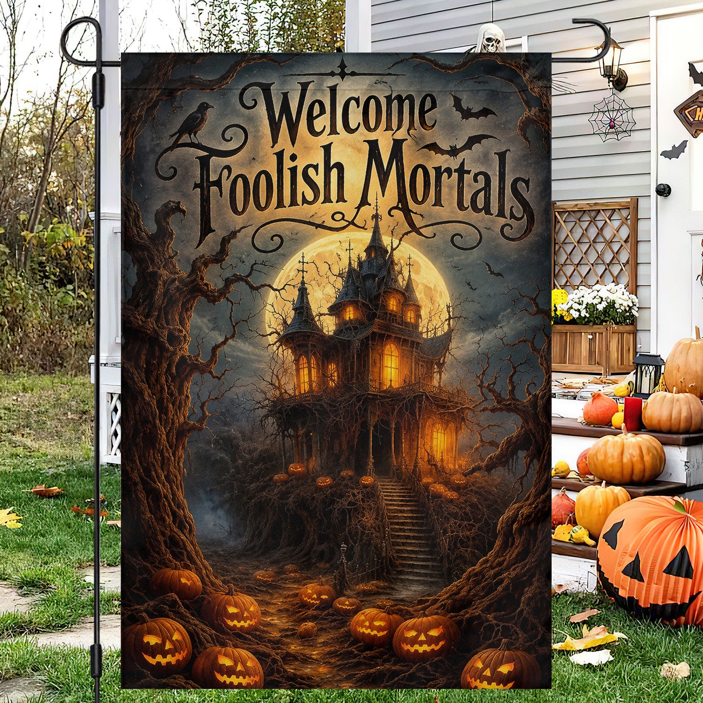 Halloween Haunted House Garden & House Flag, Welcome Foolish Mortals Yard Flag Spooky Season Gift For Witch Lover
