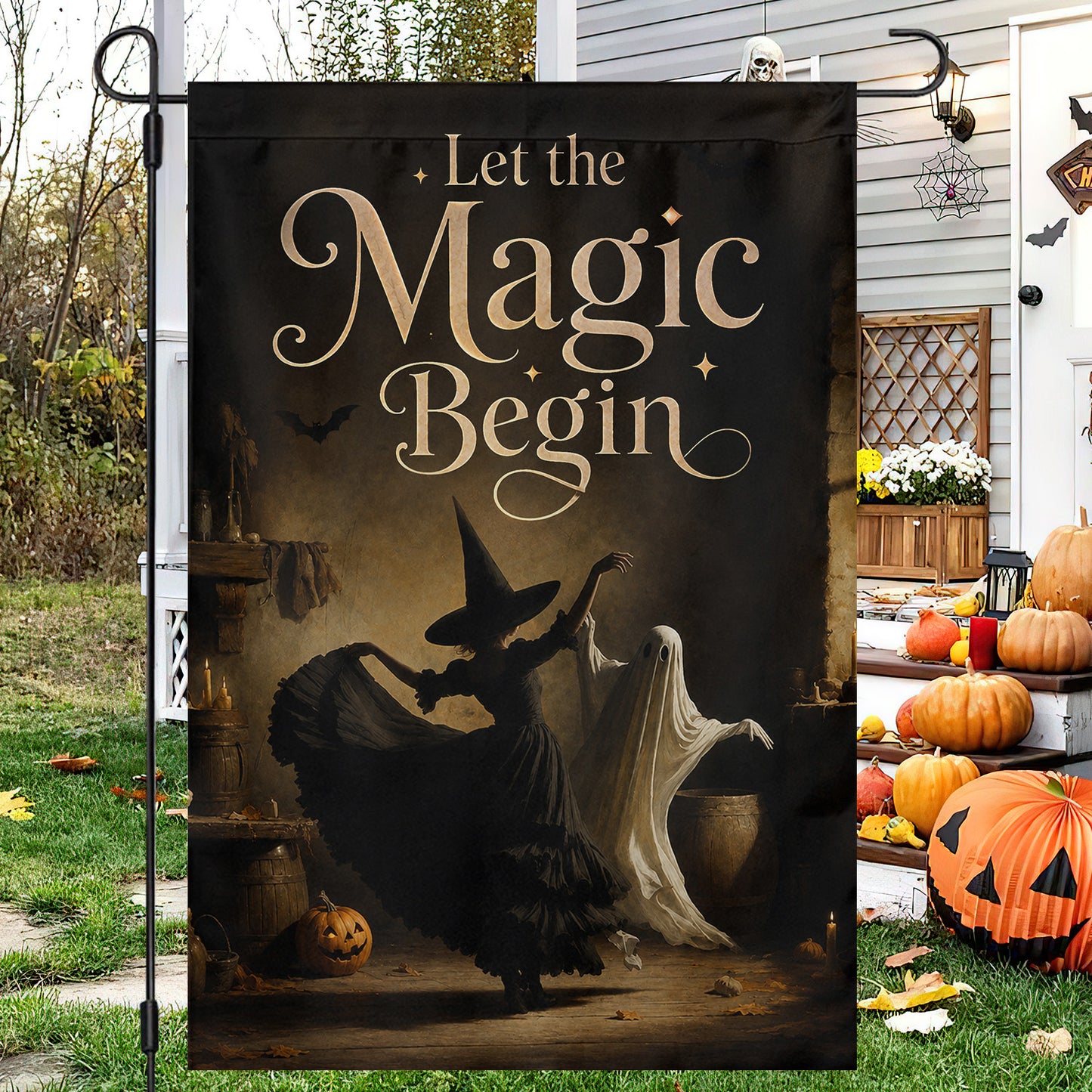 Halloween Witch And Ghost Dancing Garden & House Flag, Let The Magic Begin Yard Flag Spooky Season Gift For Witch Lover