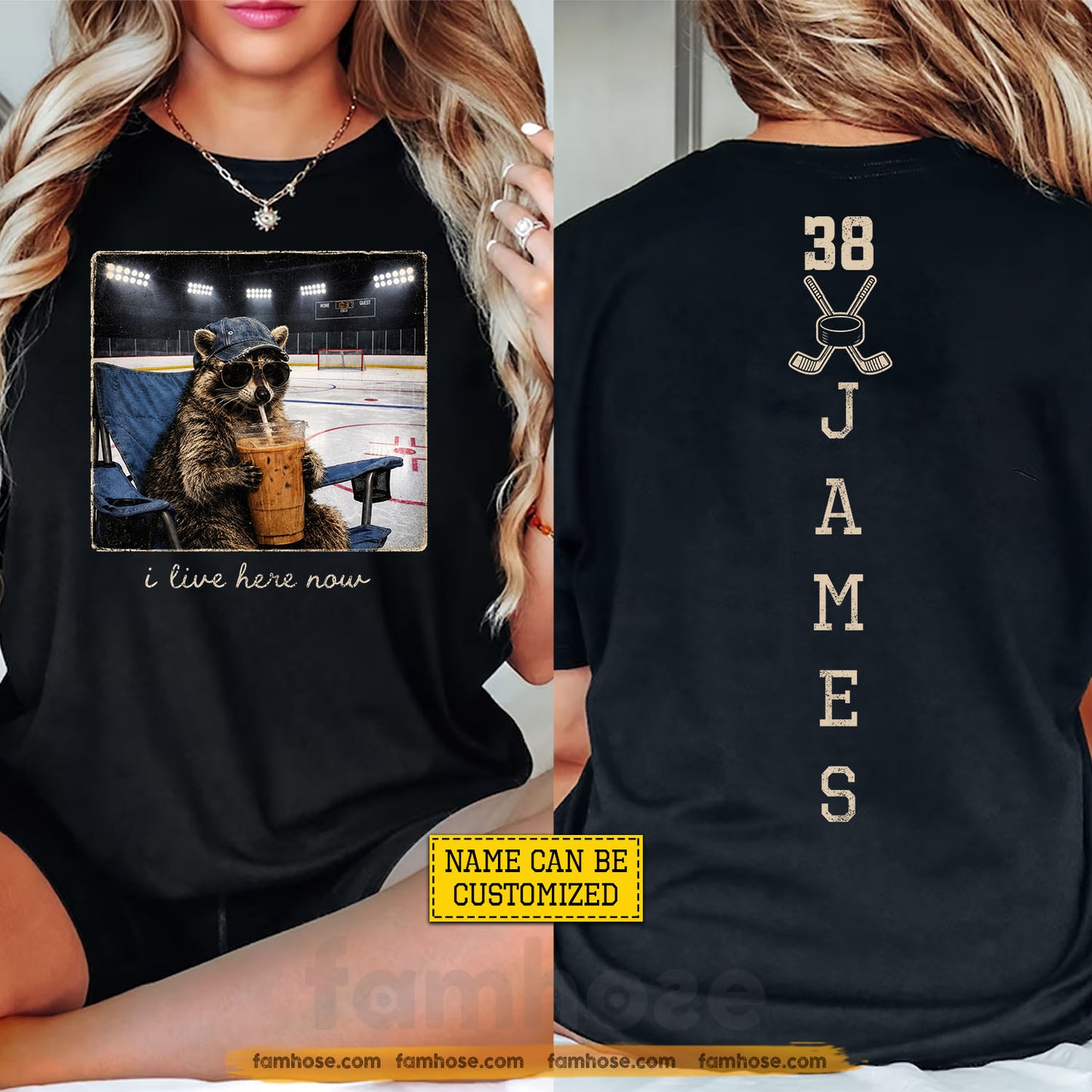 Funny Personalized Hockey & Raccoon Two-sided T-shirt, I Live Here Now Sport Tees Gift For Hockey Lover