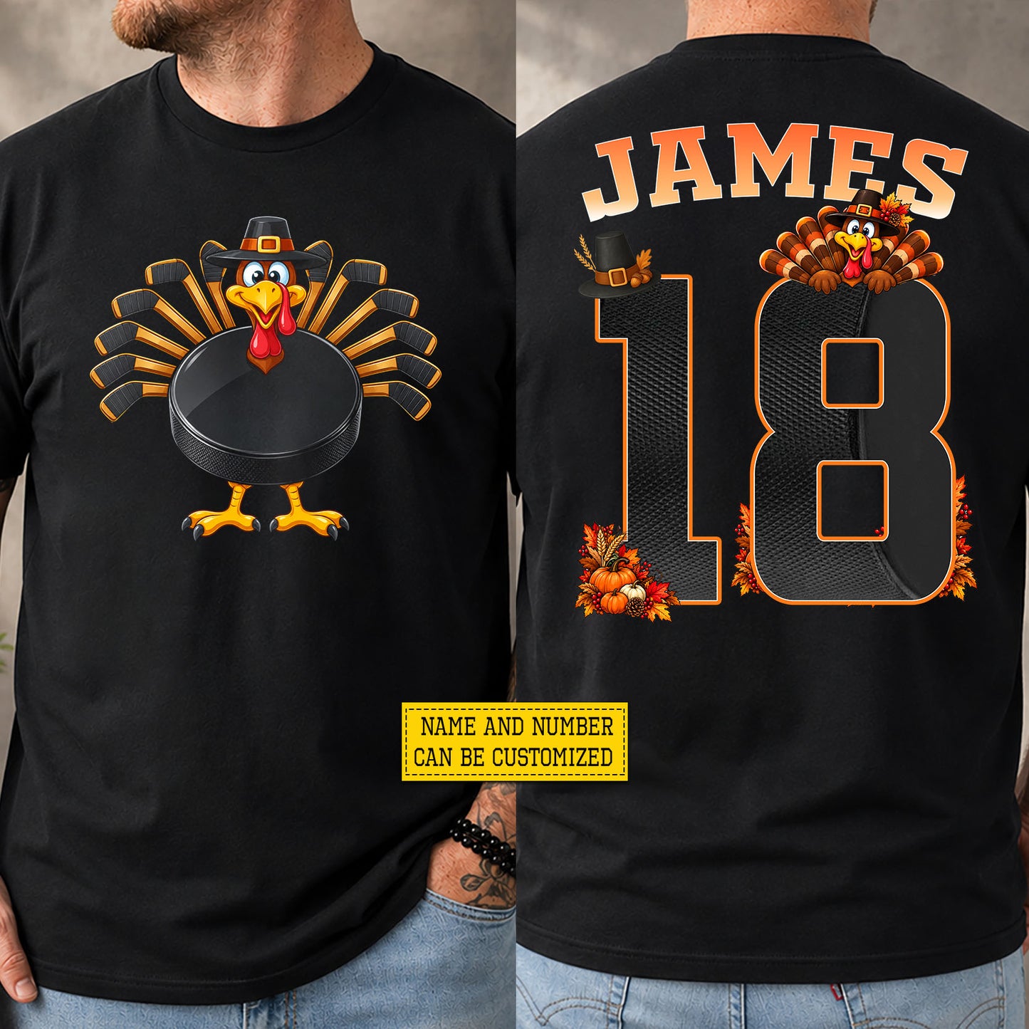 Personalized Thanksgiving Hockey Turkey Two-sided T-shirt, Gobble On Ice Tees Thankful Gift For Hockey Lover