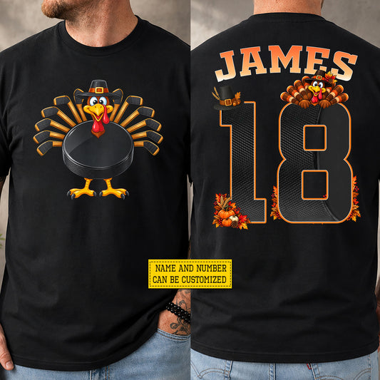 Personalized Thanksgiving Hockey Turkey Two-sided T-shirt, Gobble On Ice Tees Thankful Gift For Hockey Lover