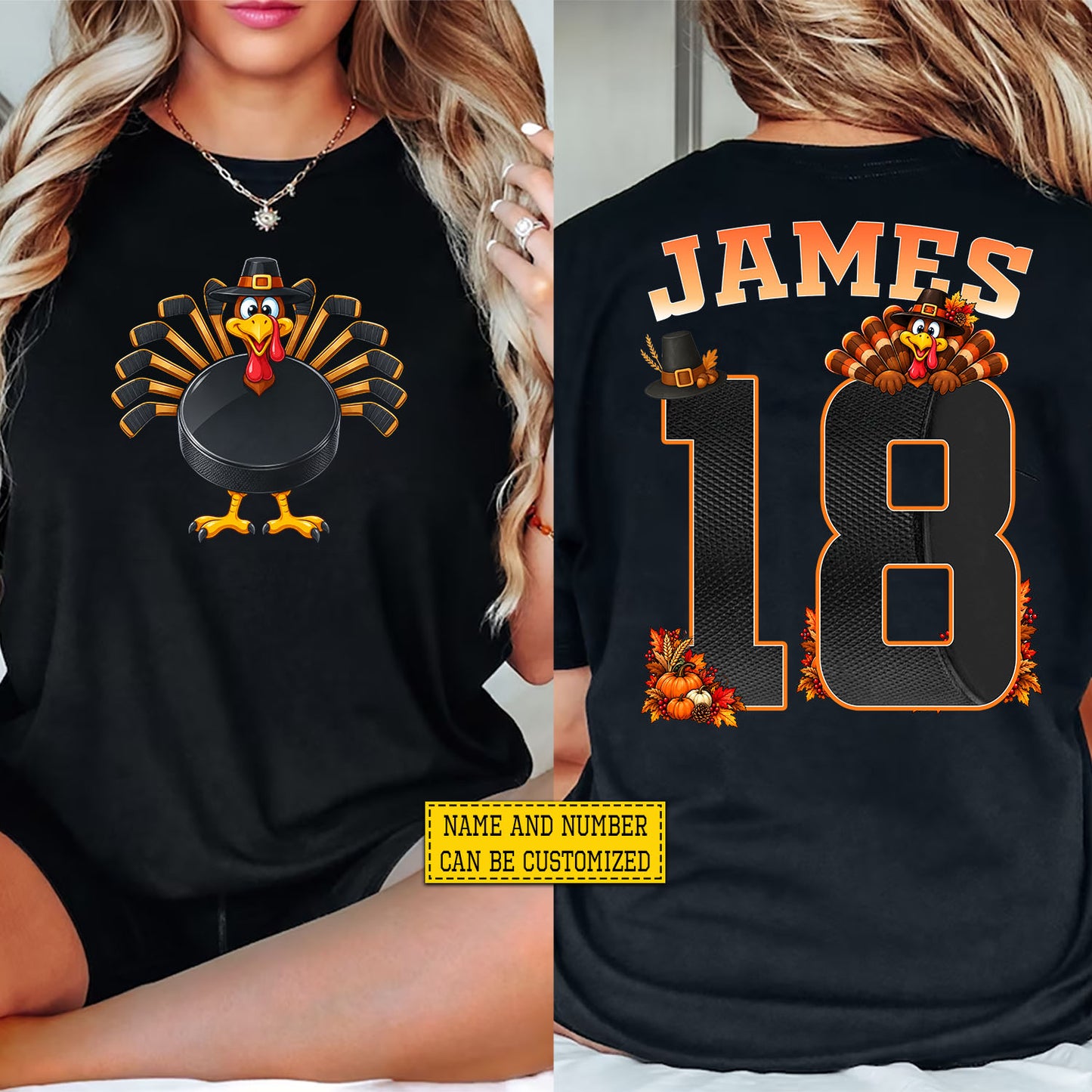 Personalized Thanksgiving Hockey Turkey Two-sided T-shirt, Gobble On Ice Tees Thankful Gift For Hockey Lover