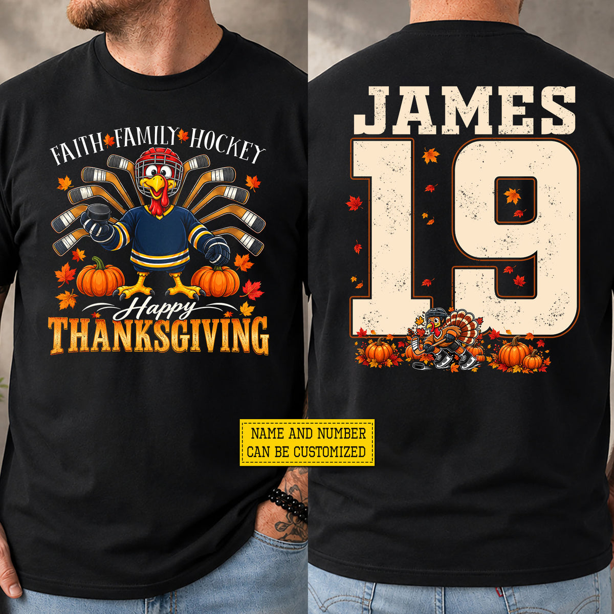 Personalized Thanksgiving Hockey Turkey Two-sided T-shirt, Faith Family Hockey Tees Thankful Gift For Hockey Lover