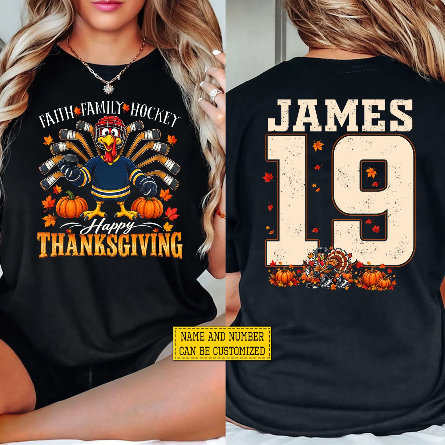 Personalized Thanksgiving Hockey Turkey Two-sided T-shirt, Faith Family Hockey Tees Thankful Gift For Hockey Lover