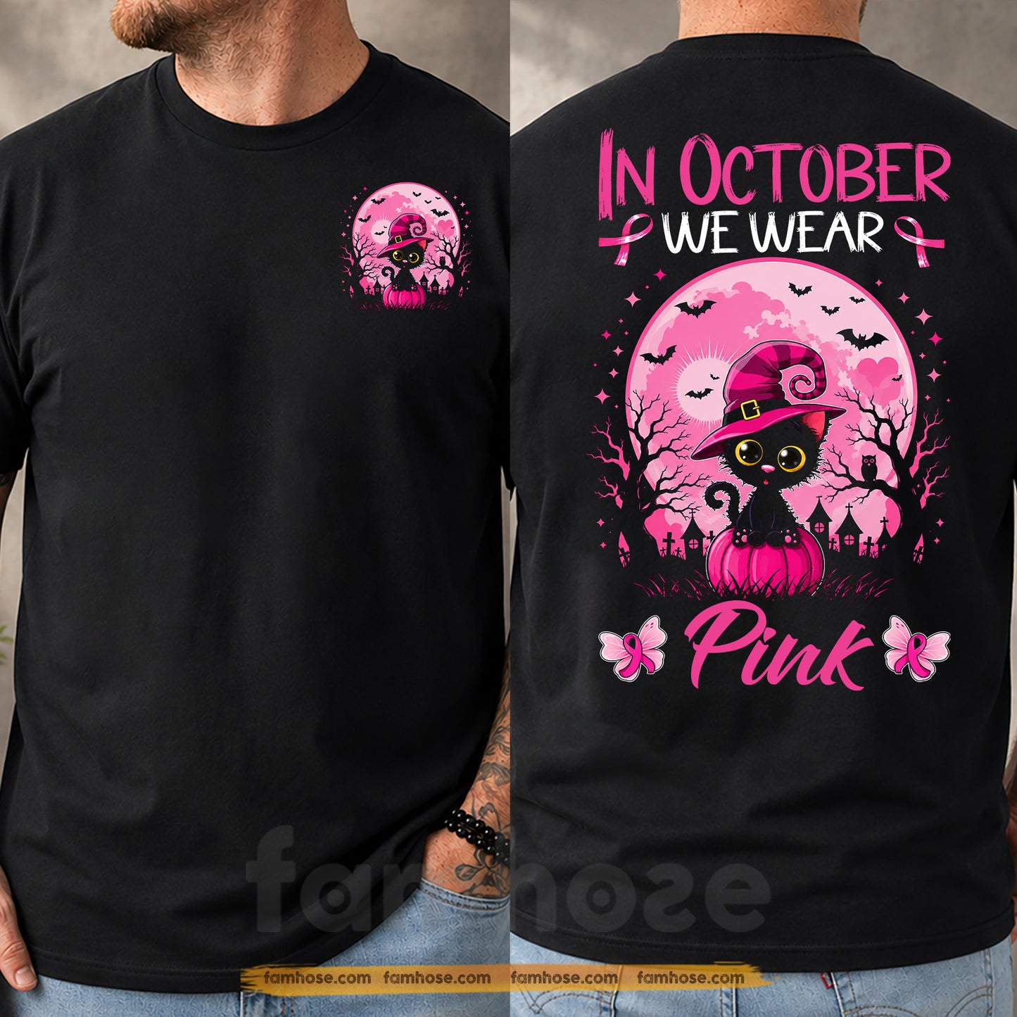 Pink Cat Breast Cancer Awareness Two-sided T-shirt, In October We Wear Pink Ribbon Tees Gift For Cat Lover