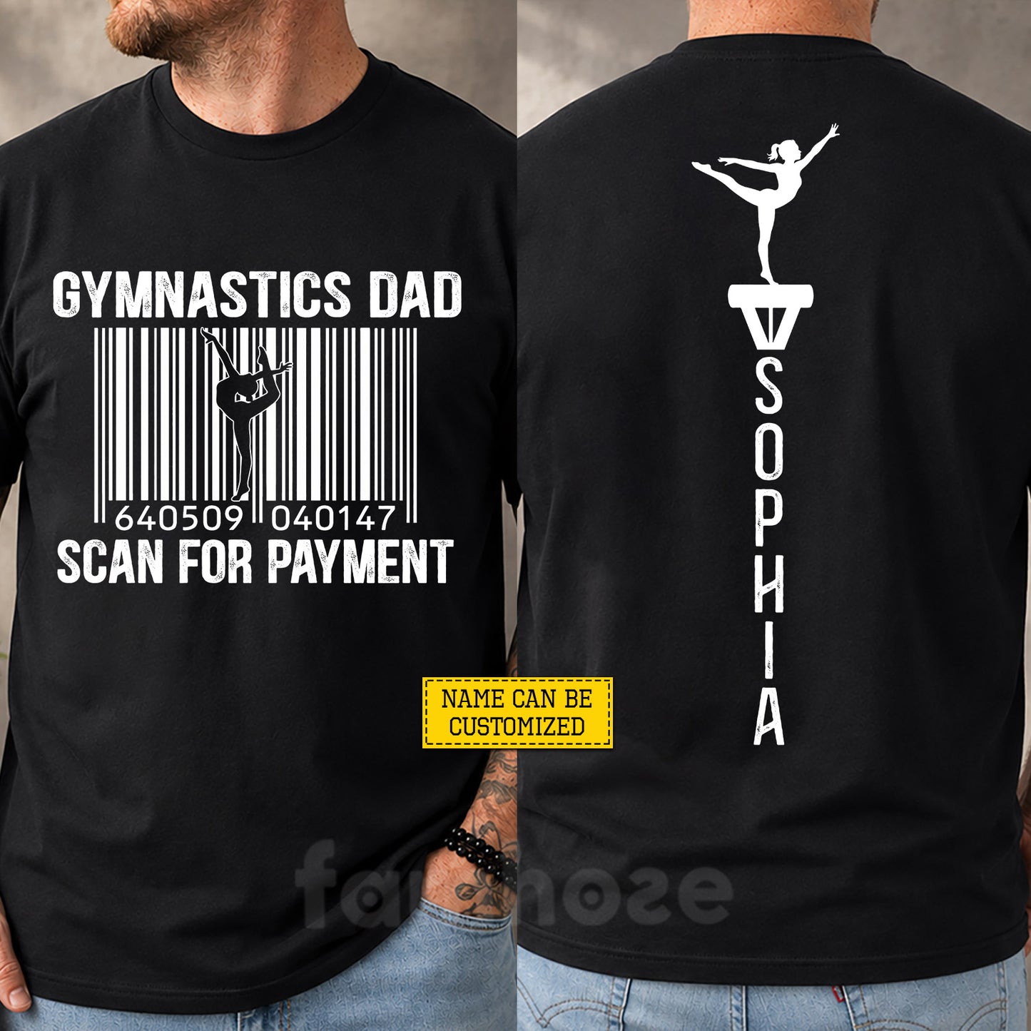 Funny Personalized Gymnastics Dad Daughter Two-sided T-shirt, Gymnastics Dad Scan For Payment Tees Father's Day Gift For Gymnastics Lovers