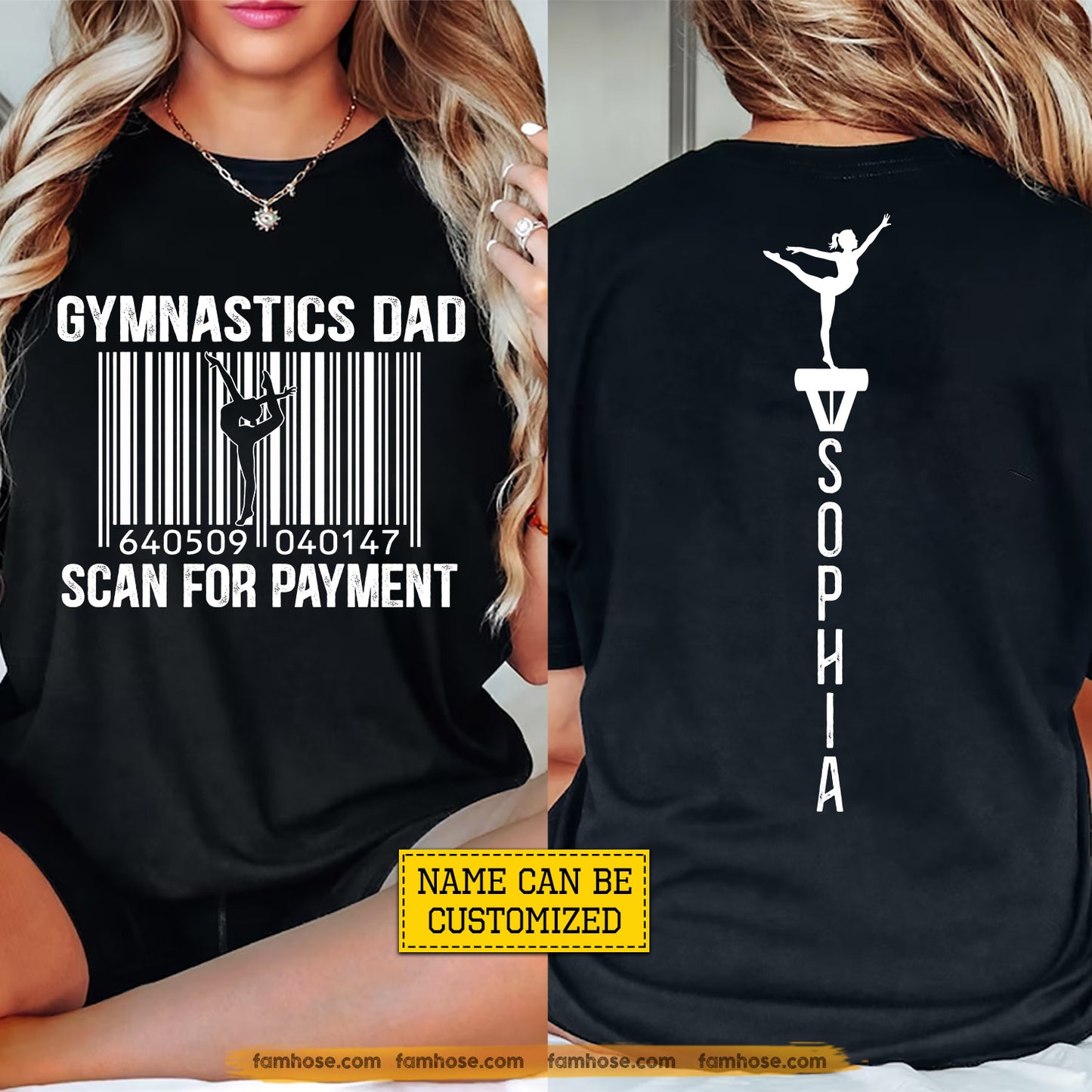 Funny Personalized Gymnastics Dad Daughter Two-sided T-shirt, Gymnastics Dad Scan For Payment Tees Father's Day Gift For Gymnastics Lovers