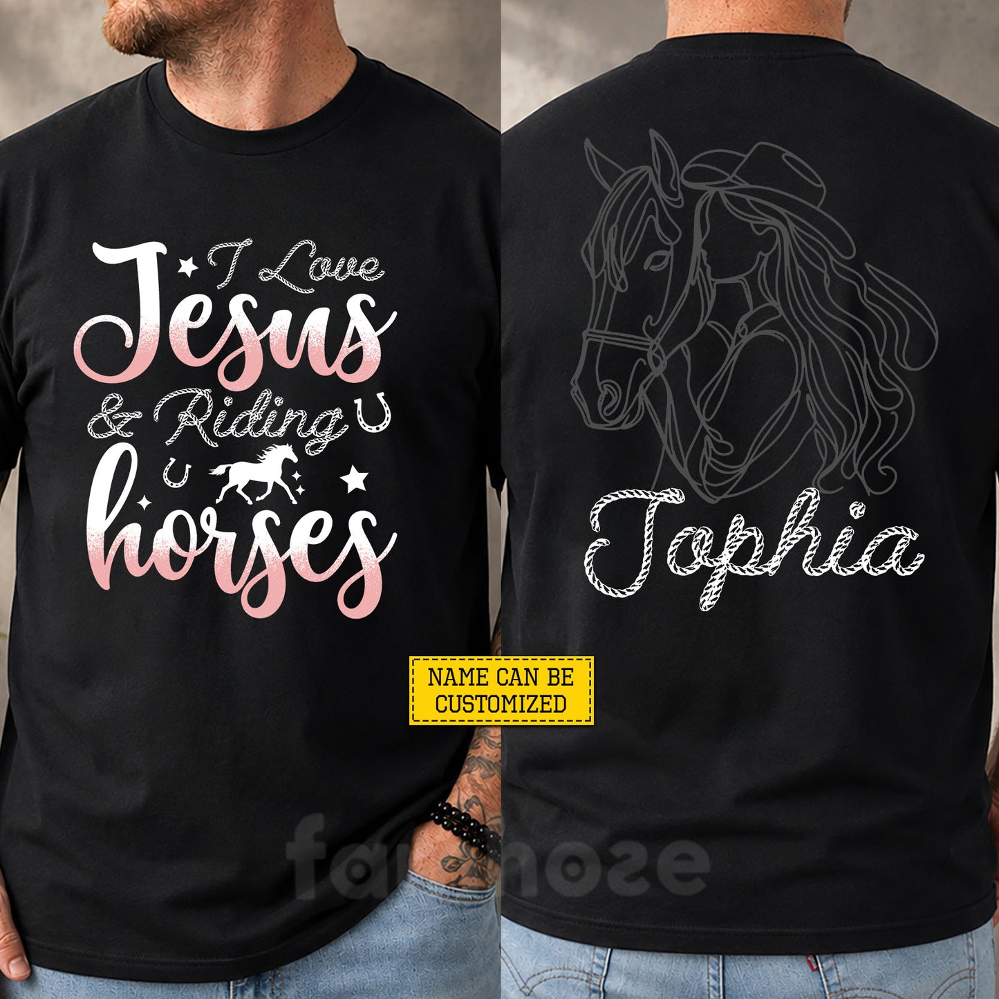 Personalized Cowgirl & God Two-sided T-shirt, I Love Jesus Riding Horses Tees Gift For Christian & Cowgirls