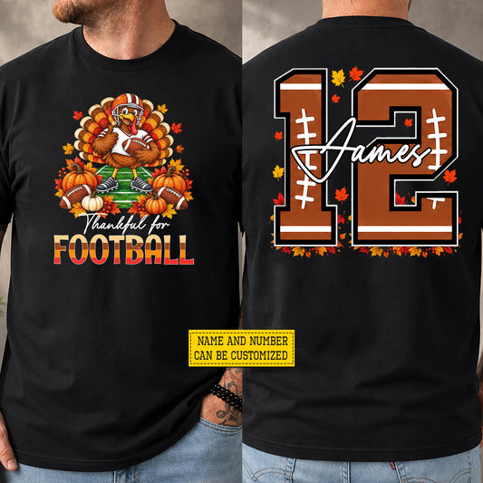 Personalized Thanksgiving Football Turkey Two-sided T-shirt, Thankful For Football Tees Fall Season Gift For Football Lover