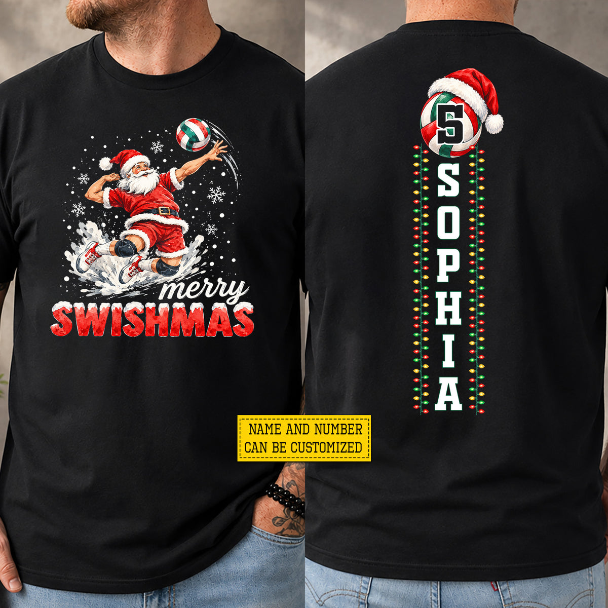 Personalized Christmas Volleyball Two-sided T-shirt, Merry Swishmas Sports Tees Spooky Season Gift For Volleyball Lovers