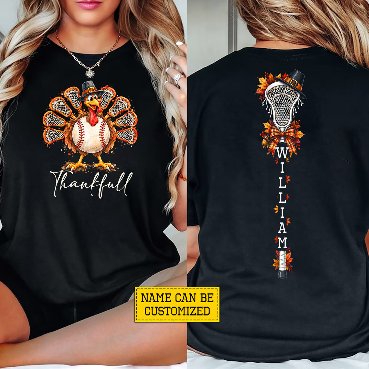 Personalized Thanksgiving Lacrosse Turkey Two-sided T-shirt, Thankful Tees Sport Gift For Lacrosse Lover