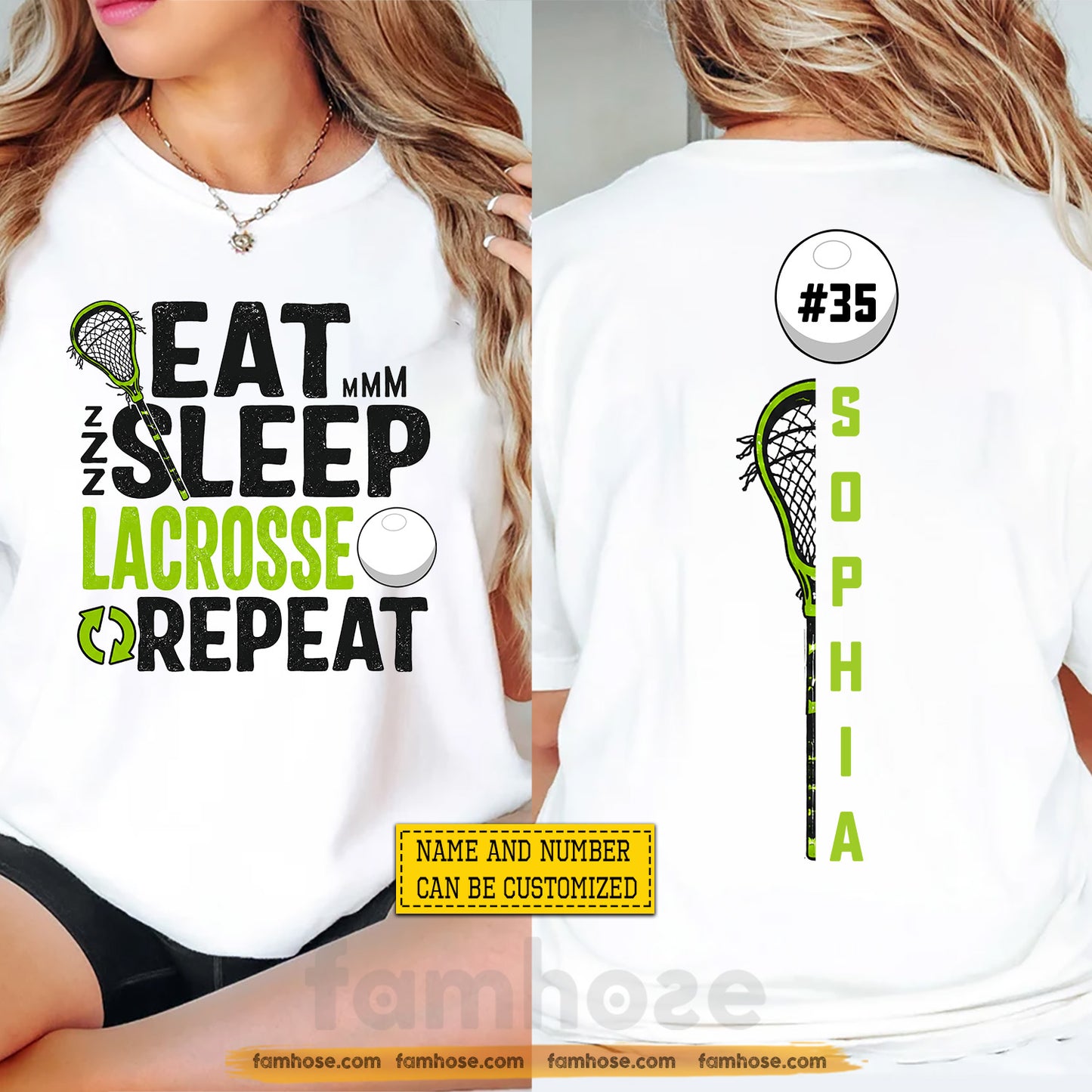 Personalized Lacrosse Two-sided T-shirt, Eat Sleep Lacrosse Repeat Sport Tees Gift For Lacrosse Lover