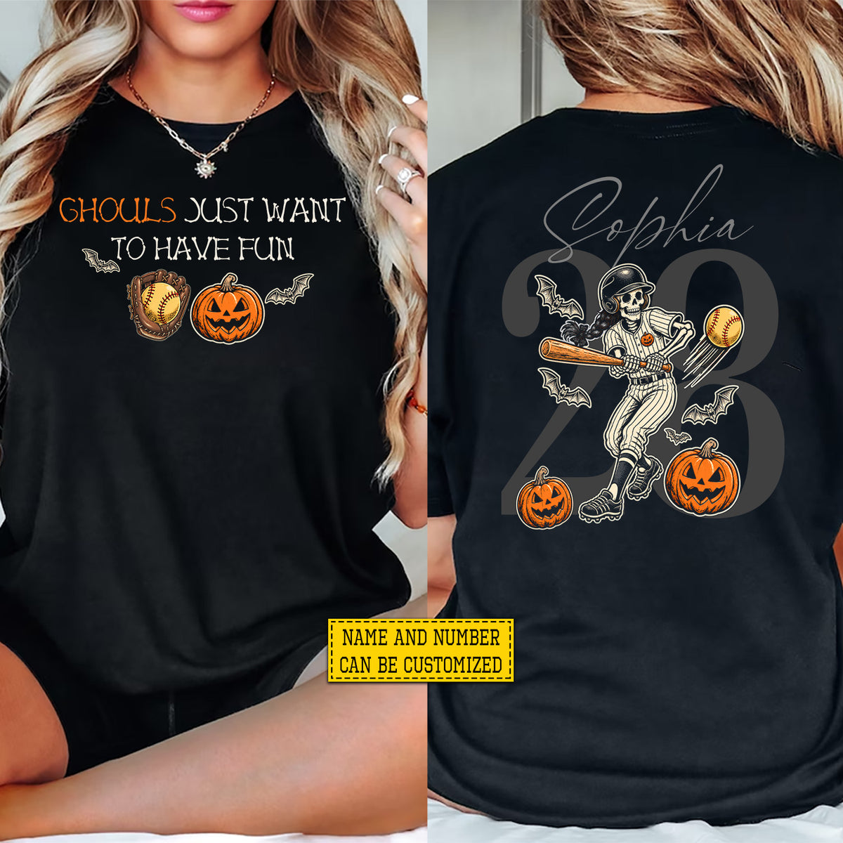Personalized Halloween Softball Skeleton Girl Two-sided T-shirt, Ghouls Just Want To Have Fun Tees Spooky Season Gift For Softball Lover