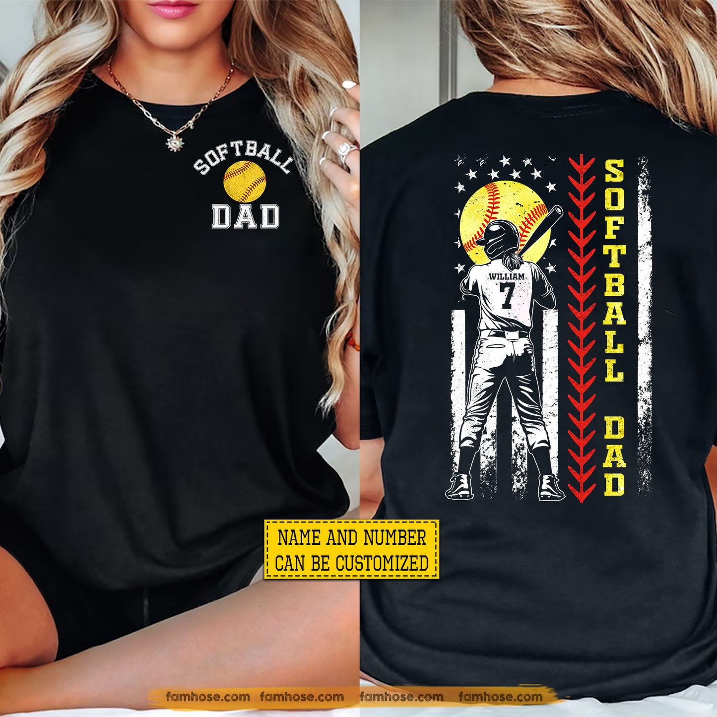 Personalized Softball Dad Daughter Two-side T-shirt, Softball Dad Tees Father's Day Gift For Softball Lovers