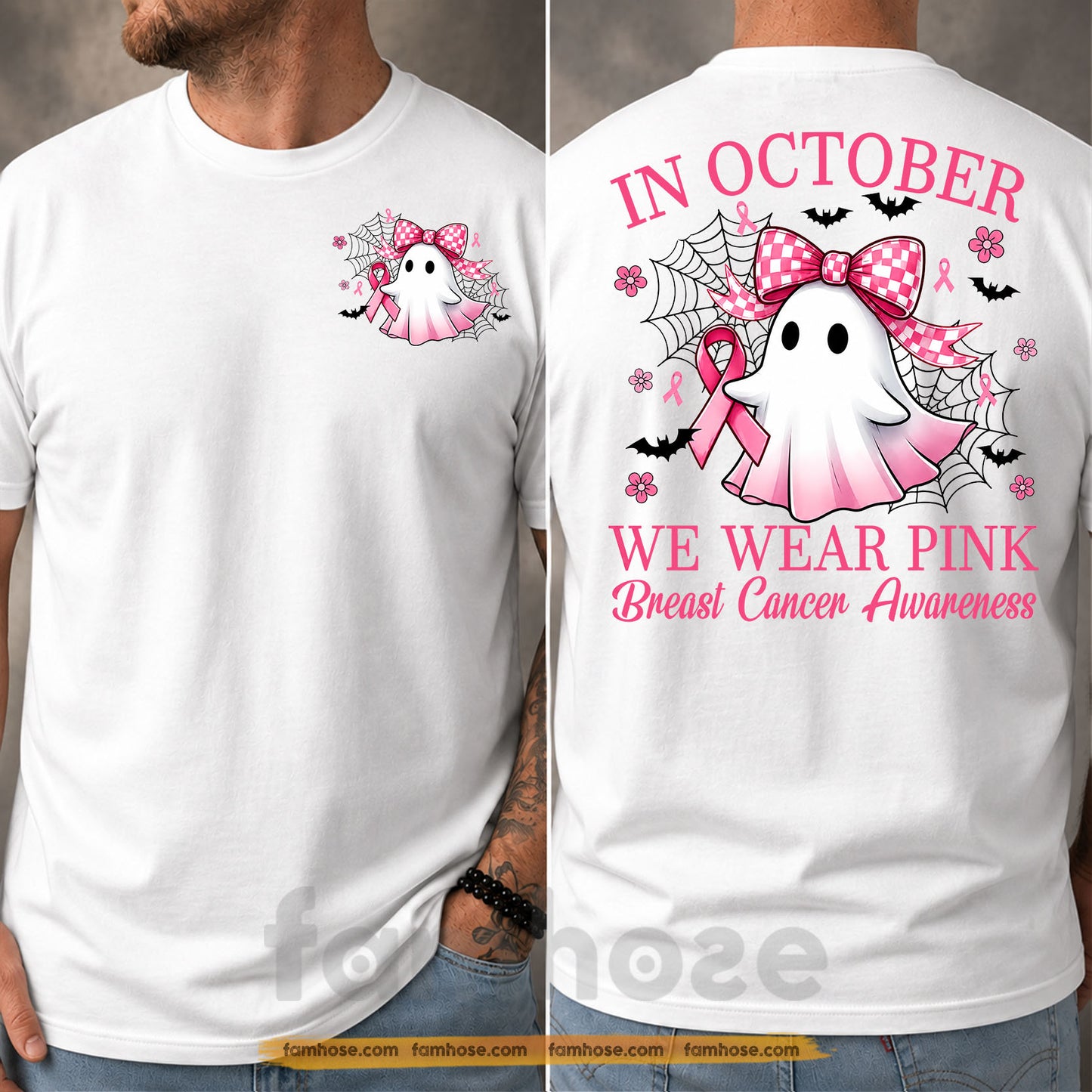 Pink Halloween & Breast Cancer Awareness Two-sided T-shirt, In October We Wear Pink Ribbon Tees Gift For Ghost Lover