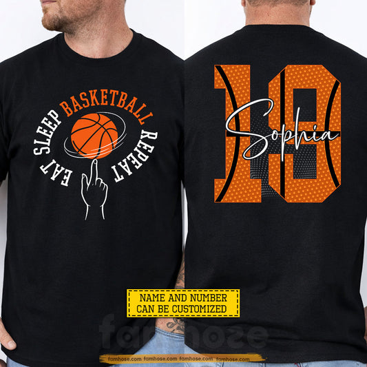 Personalized Basketball Two-sided T-shirt, Eat Sleep Basketball Repeat Sport Tees Gift For Basketball Lover