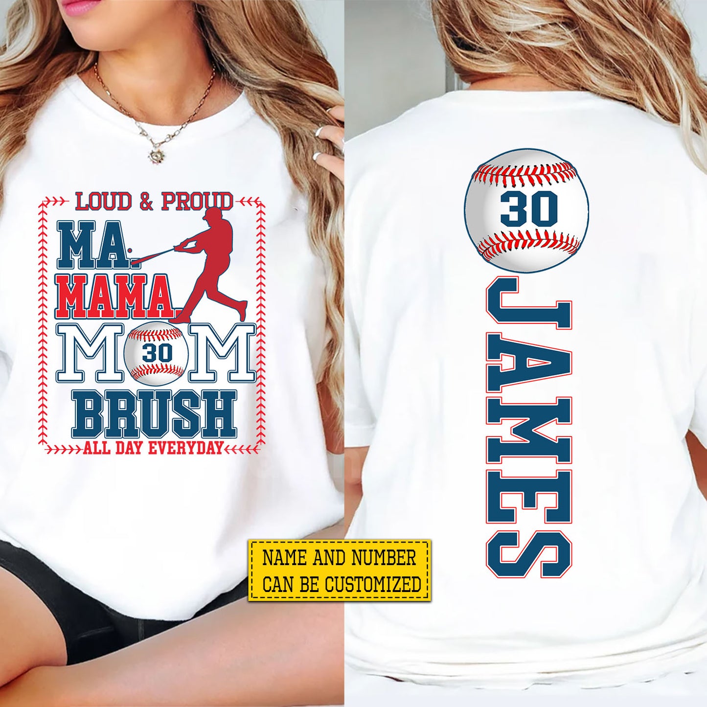 Personalized Baseball Mom Two-sided T-shirt, Ma Mama Mom Brush Tees Mother's Day Gift For Baseball Lovers