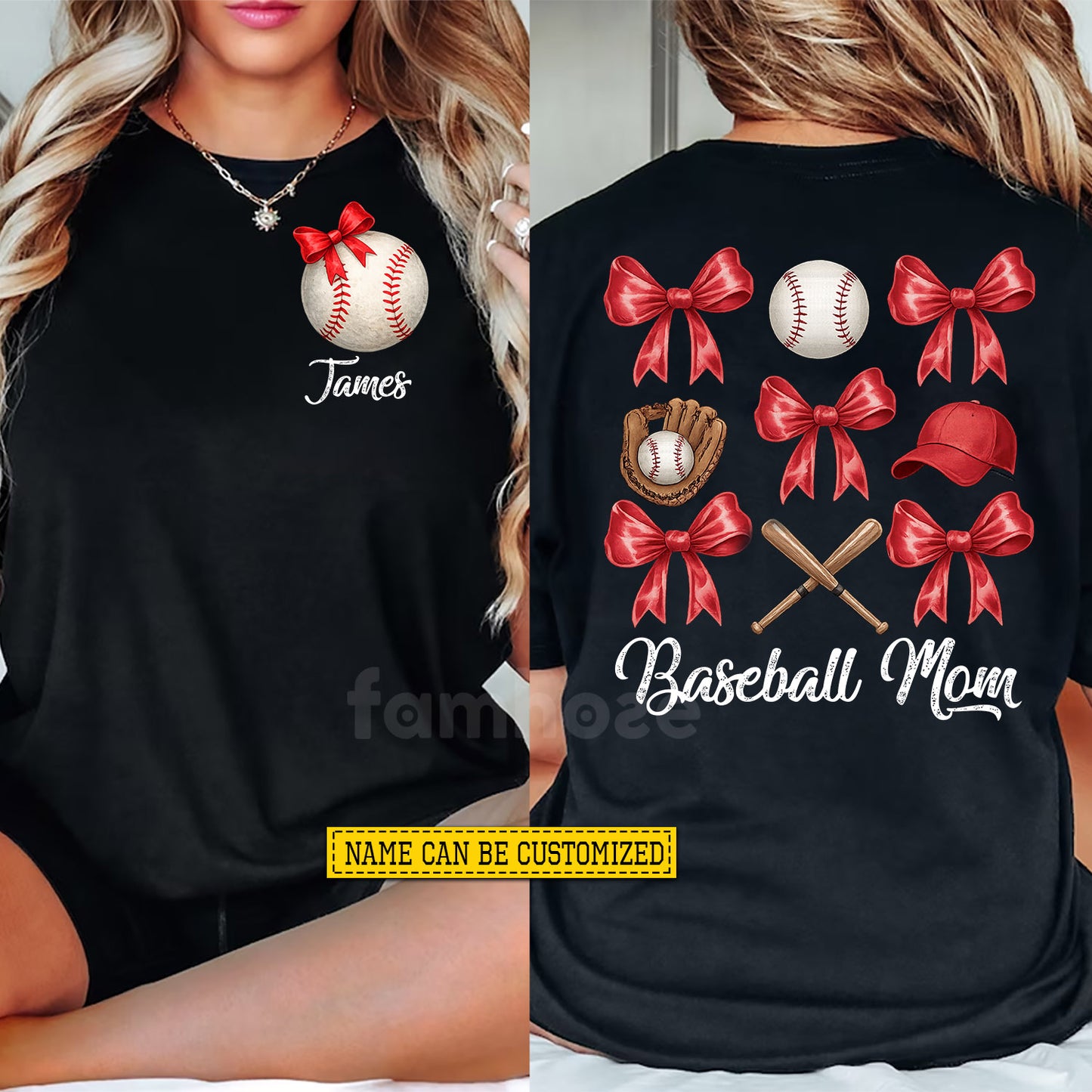Personalized Baseball Mom Two-side T-shirt, Baseball Mom Bow Tees Mother's Day Gift For Baseball Lovers