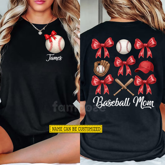 Personalized Baseball Mom Two-side T-shirt, Baseball Mom Bow Tees Mother's Day Gift For Baseball Lovers