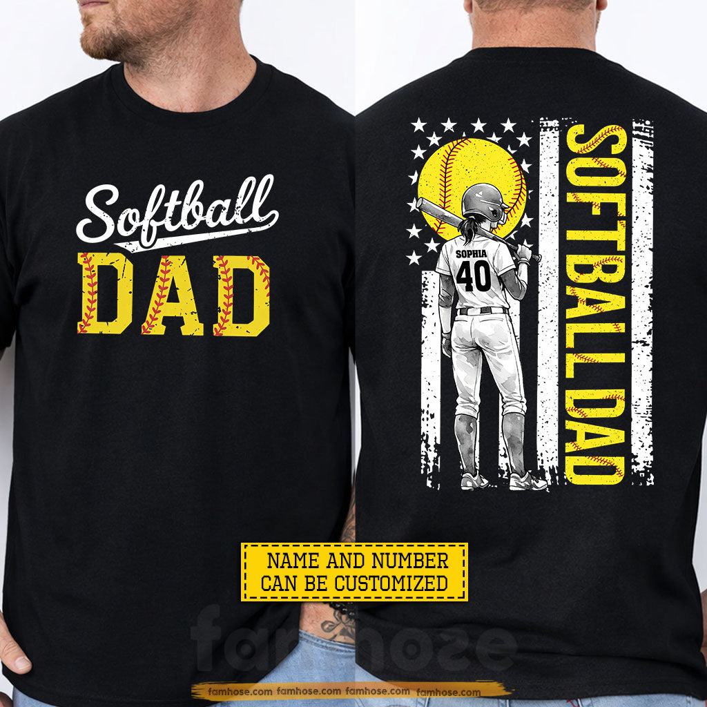 Personalized Softball Dad Two-sided T-shirt, Softball Dad Sport Tees Father's Day Gift For Softball Lovers
