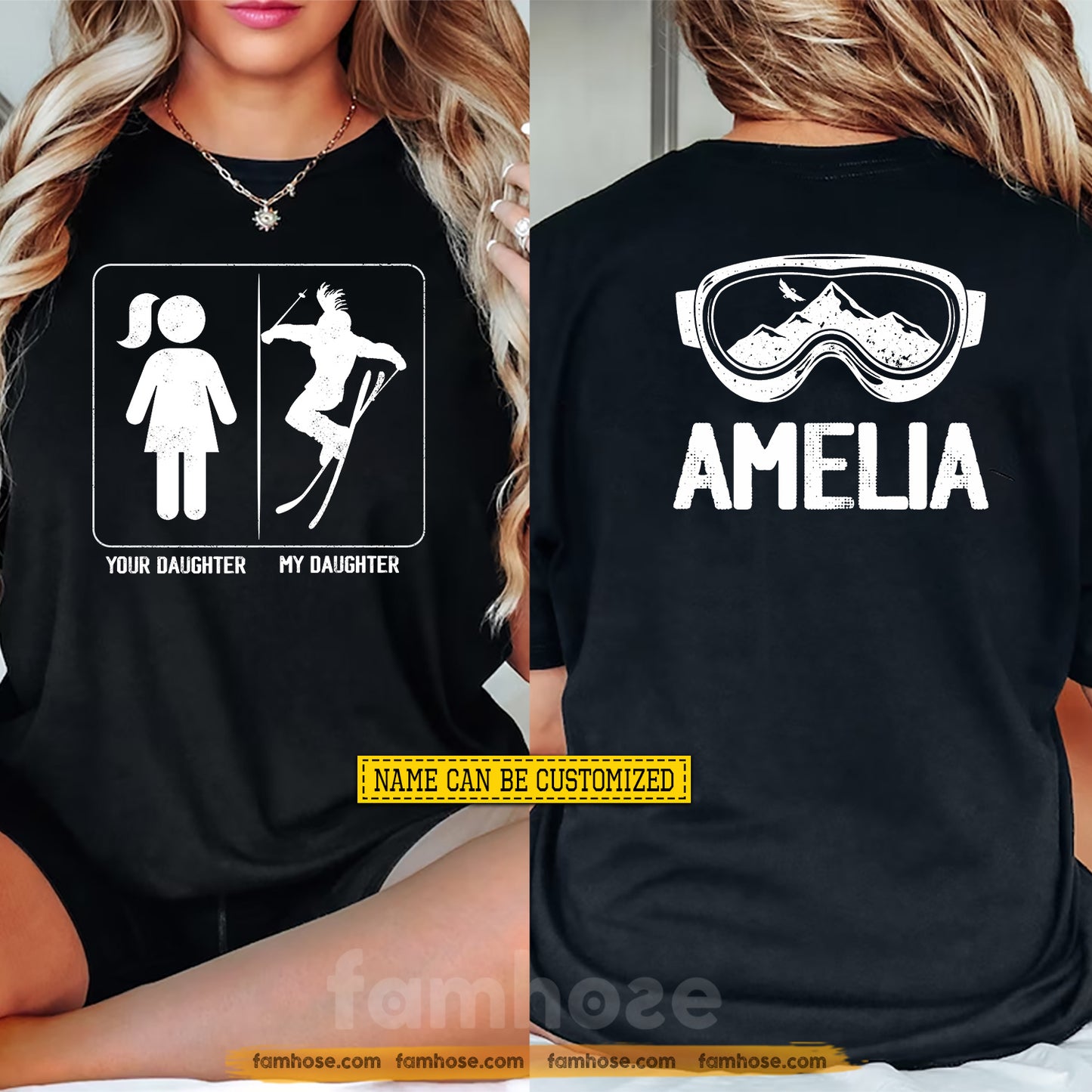 Personalized Skiing Parent Two-sided T-shirt, Your Daughter Vs My Daughter Sport Tees Gift For Skiing Lovers