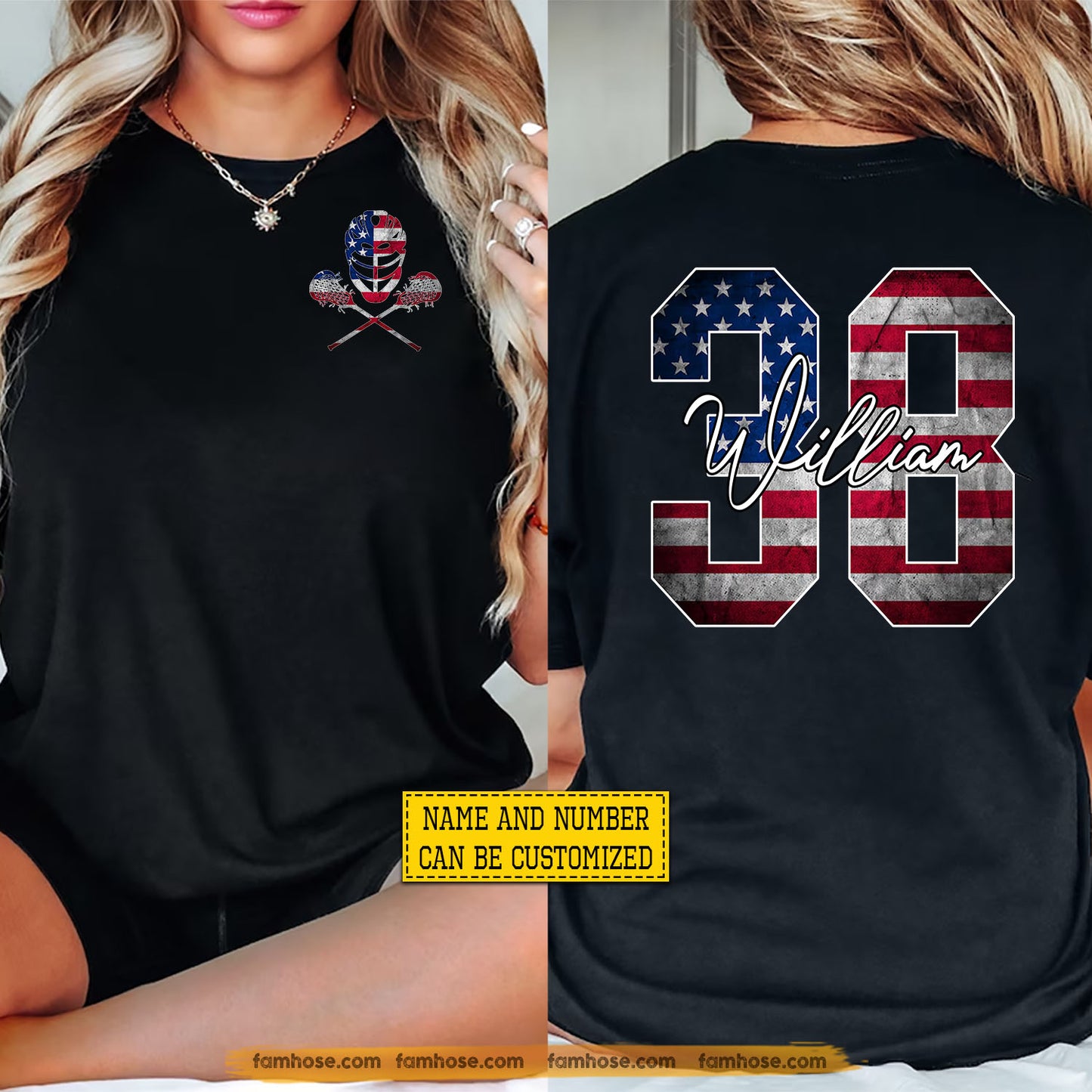 Personalized Lacrosse July 4th Two-sided T-shirt, Patriotic Lacrosse Player Sport Tees Independence Day Gift For Lacrosse Lover