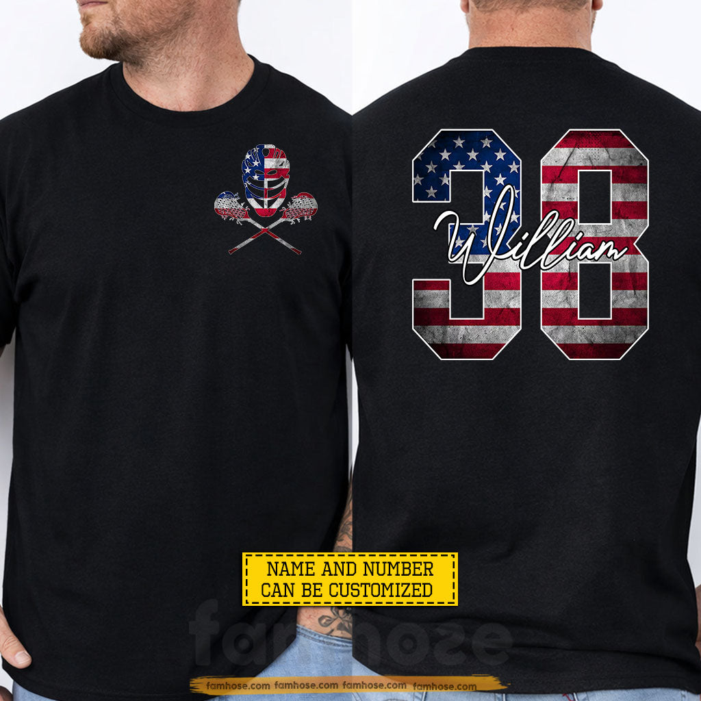 Personalized Lacrosse July 4th Two-sided T-shirt, Patriotic Lacrosse Player Sport Tees Independence Day Gift For Lacrosse Lover
