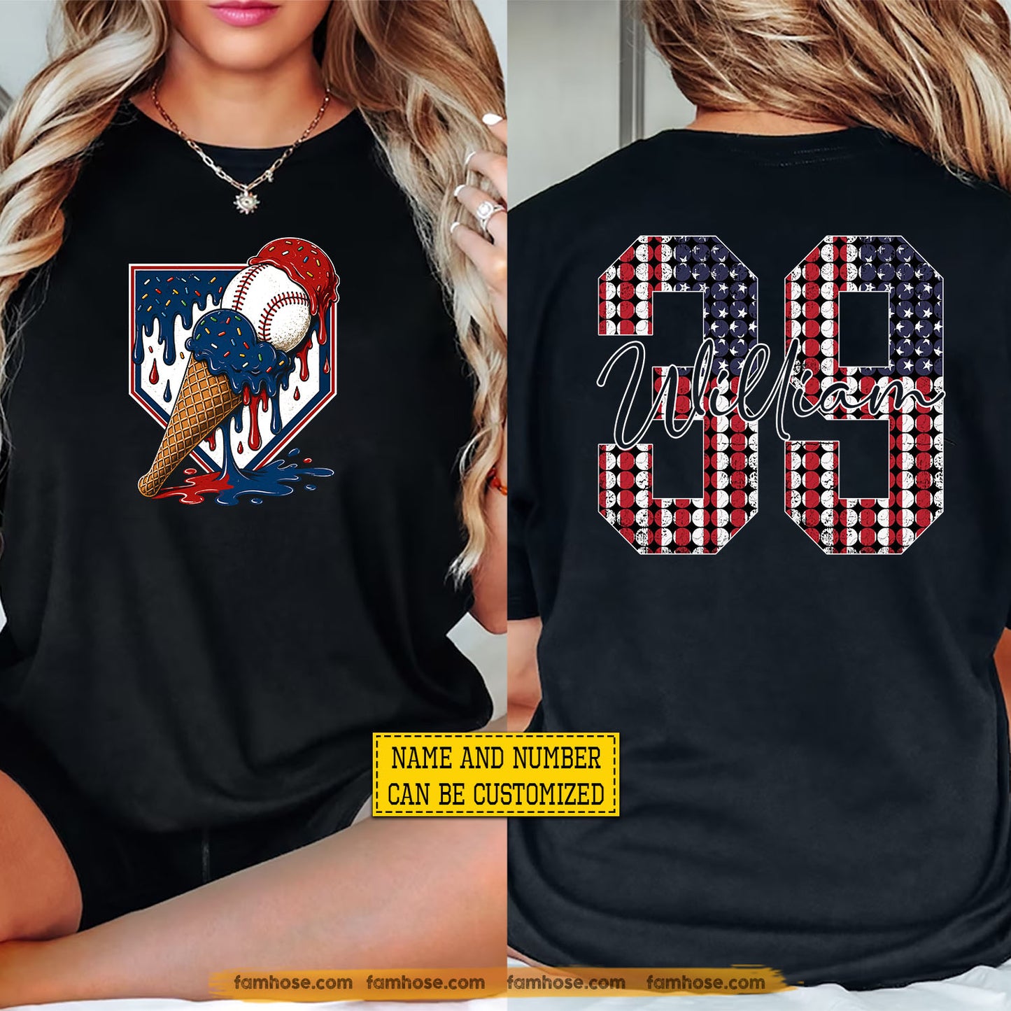 Personalized Baseball July 4th Two-sided T-shirt, USA Baseball Ice Cream Sport Tees Independence Day Gift For Baseball Lover