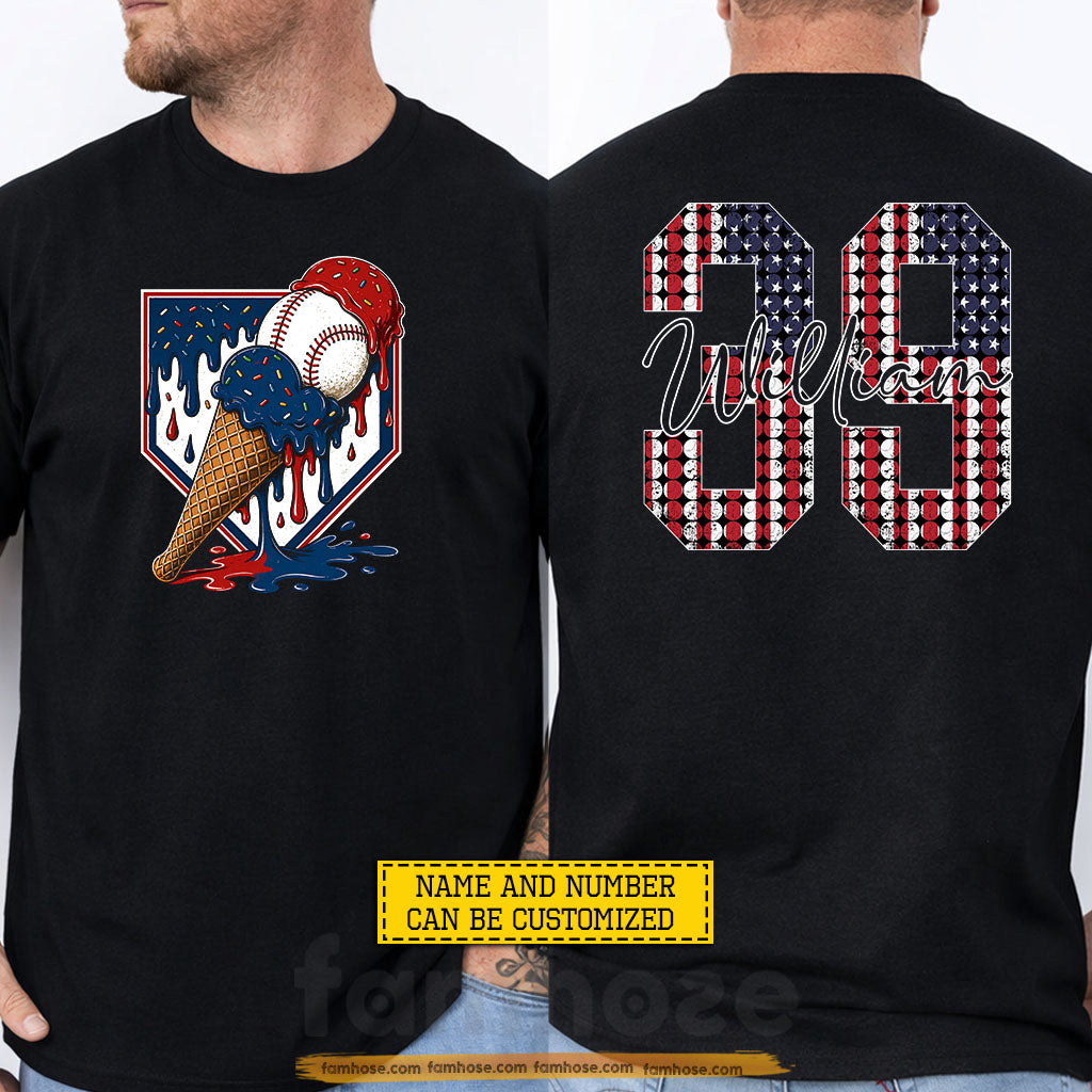 Personalized Baseball July 4th Two-sided T-shirt, USA Baseball Ice Cream Sport Tees Independence Day Gift For Baseball Lover