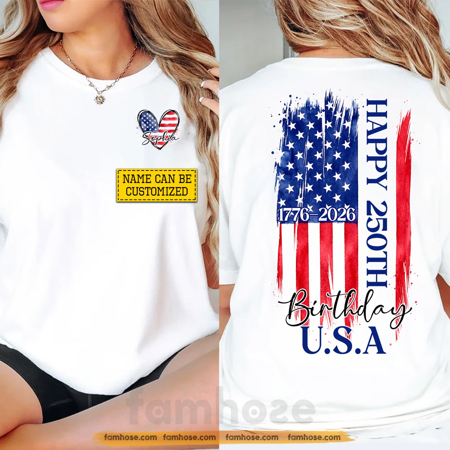 Personalized July 4th Two-sided T-shirt, Happy 250th Birthday USA Tees Independence Day Gift For American Patriot