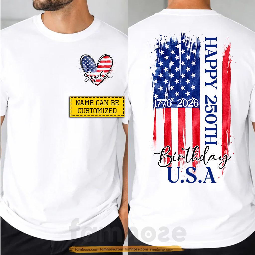 Personalized July 4th Two-sided T-shirt, Happy 250th Birthday USA Tees Independence Day Gift For American Patriot