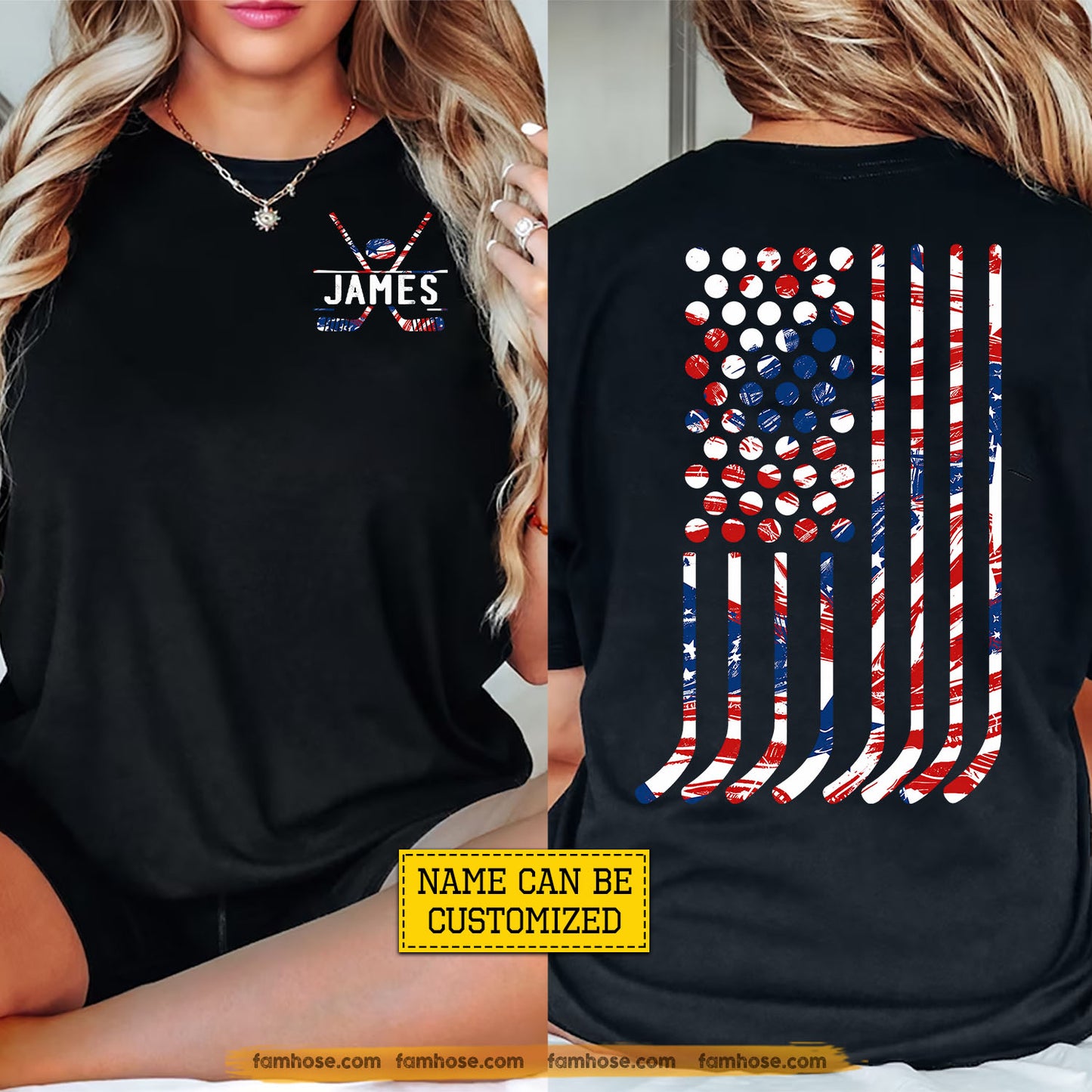 Personalized July 4th Hockey Two-sided T-shirt, Stars Stripes And Slapshots Sport Tees Independence Day Gift For Hockey Lover