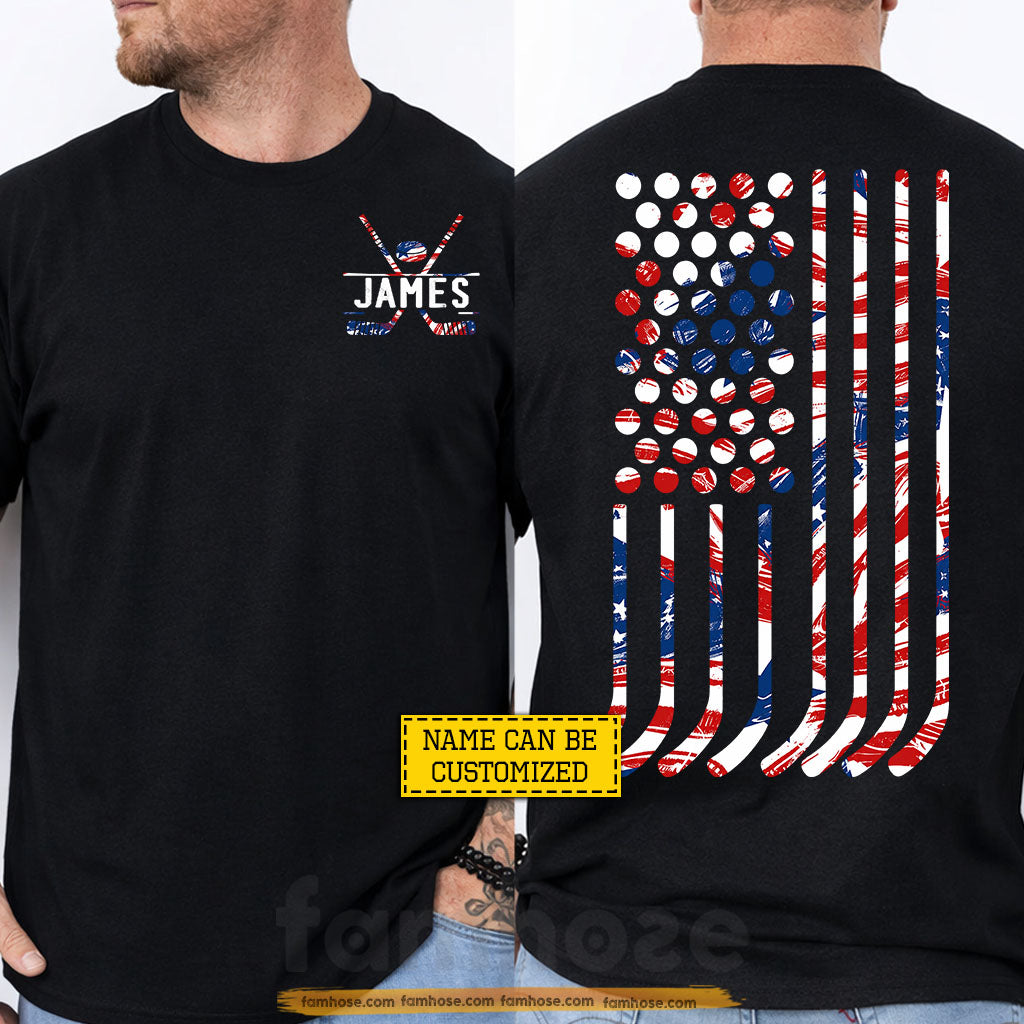 Personalized July 4th Hockey Two-sided T-shirt, Stars Stripes And Slapshots Sport Tees Independence Day Gift For Hockey Lover