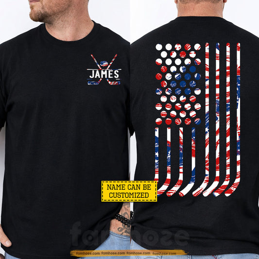 Personalized July 4th Hockey Two-sided T-shirt, Stars Stripes And Slapshots Sport Tees Independence Day Gift For Hockey Lover