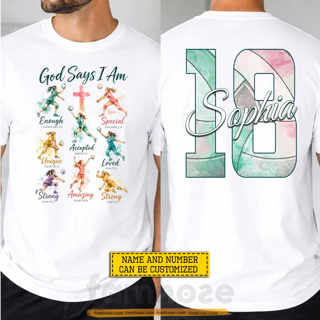 Personalized Volleyball & Jesus Two-sided T-shirt, God Says I Am Sport Tees Gift For Christian, Volleyball Lover