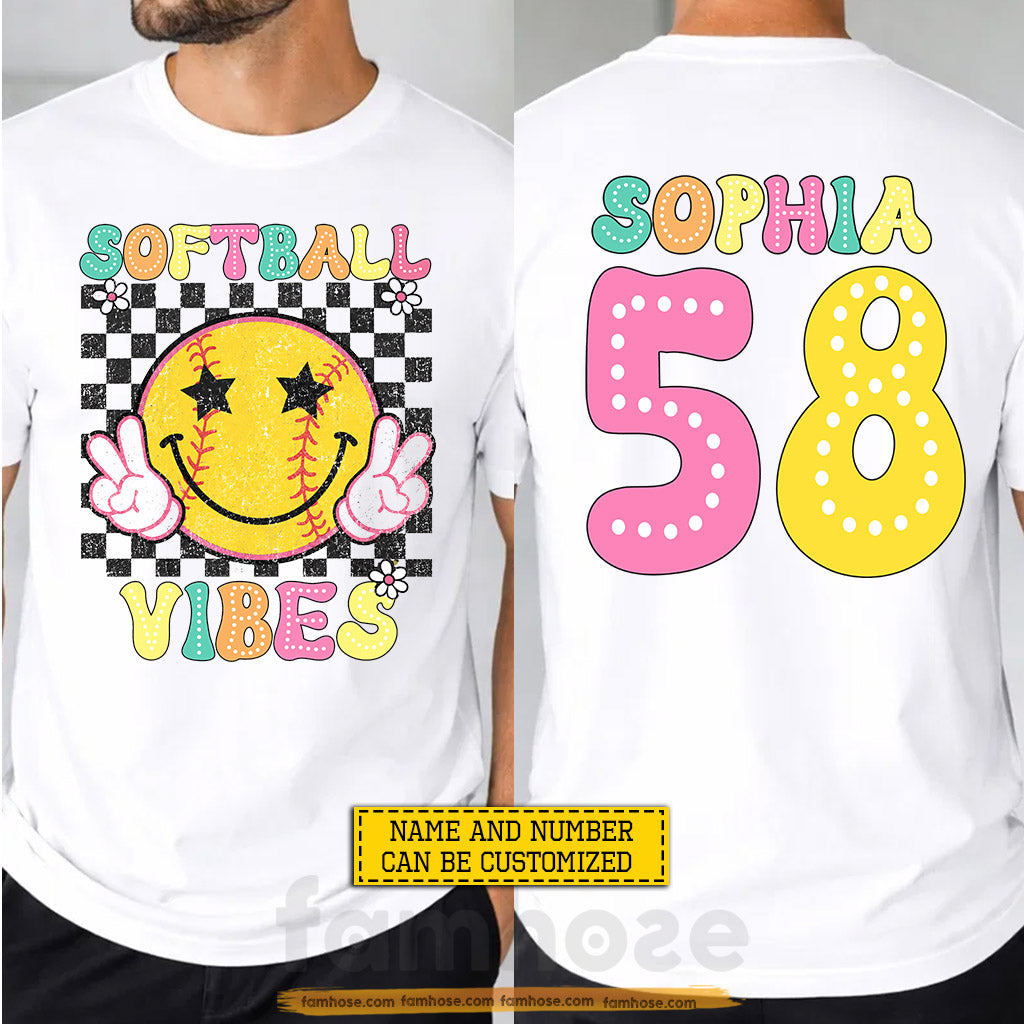 Personalized Softball Two-sided T-shirt, Softball Vibes Sport Tees Gift For Softball Lover