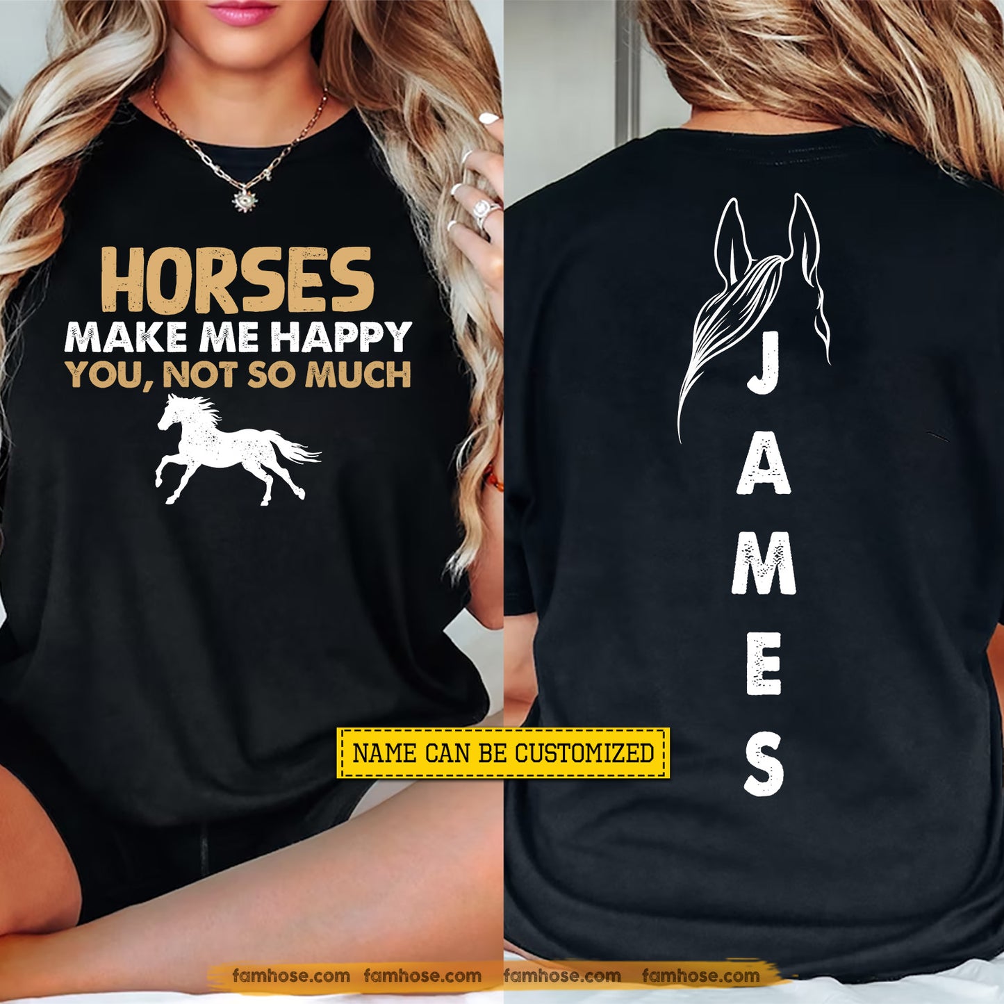 Funny Personalized Horse Two-sided T-shirt, Horses Make Me Happy Tees Gift For Horse Lover
