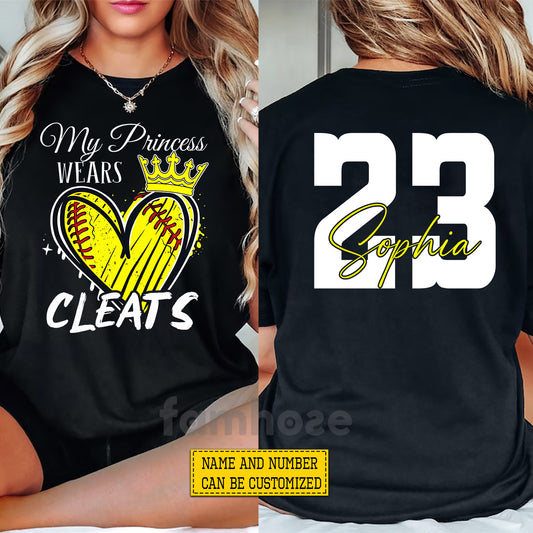 Personalized Softball Two-sided T-shirt, My Princess Wears Cleats Tees Gift For Softball Lovers