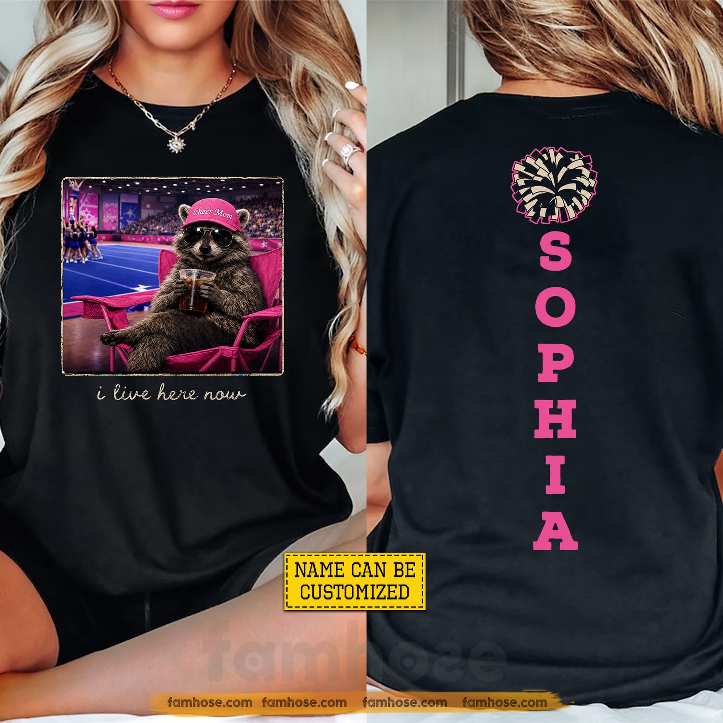 Funny Personalized Cheerleading Mom & Raccoon Two-sided T-shirt, I Live Here Now Tees Gift For Cheerleading Lover