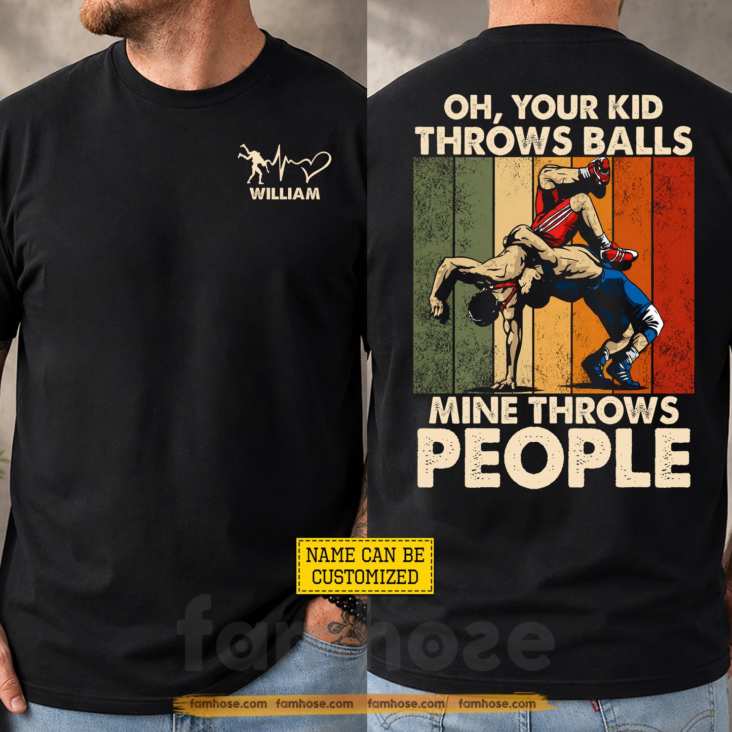 Vintage Personalized Wrestling Two-sided T-shirt, Oh Your Kid Throws Balls Sport Tees Gift For Wrestling Lover