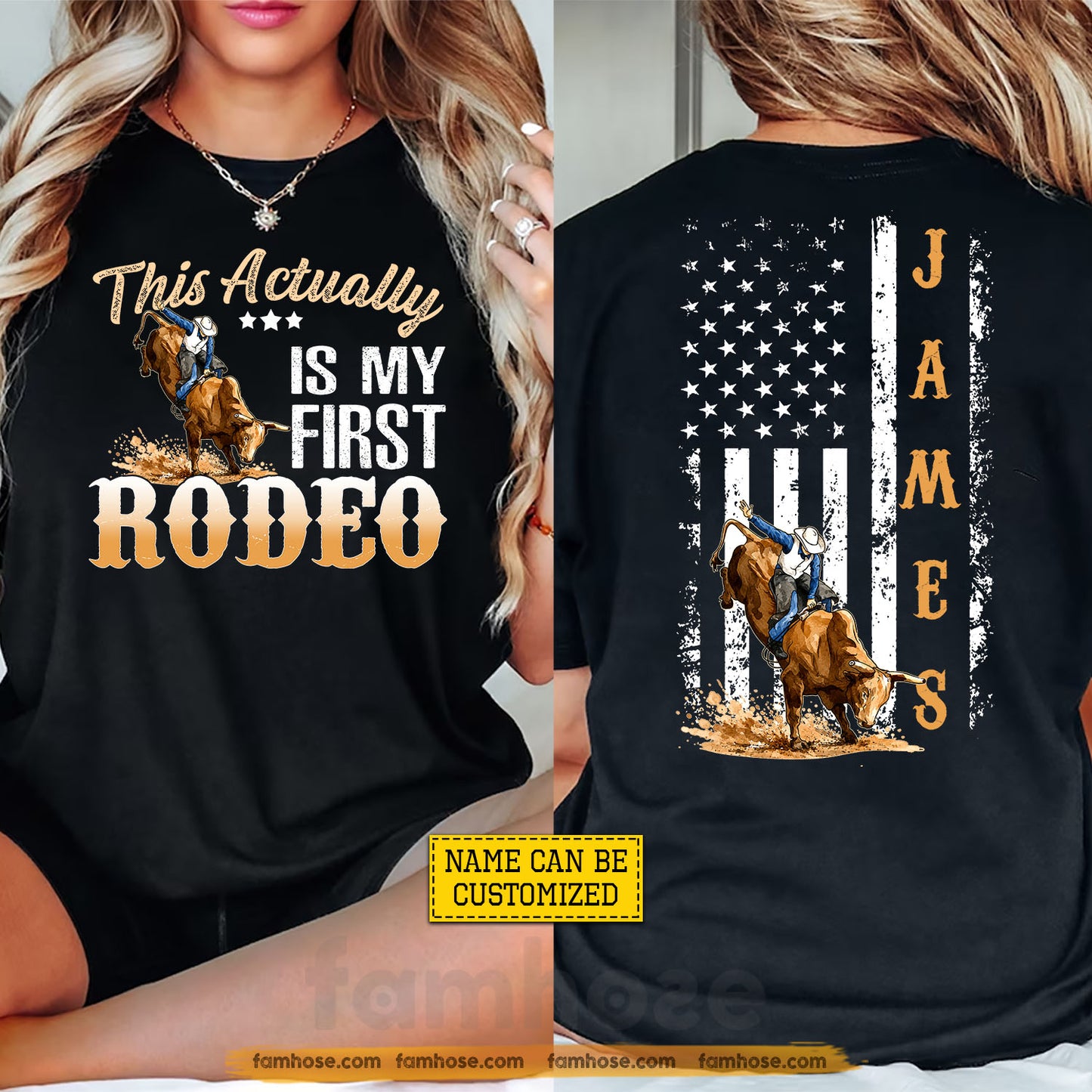 Personalized Cowboy Bull Riding USA Two-sided T-shirt, This Actually Is My First Rodeo Tees Gift For Cowboys, Bull Riding Lover